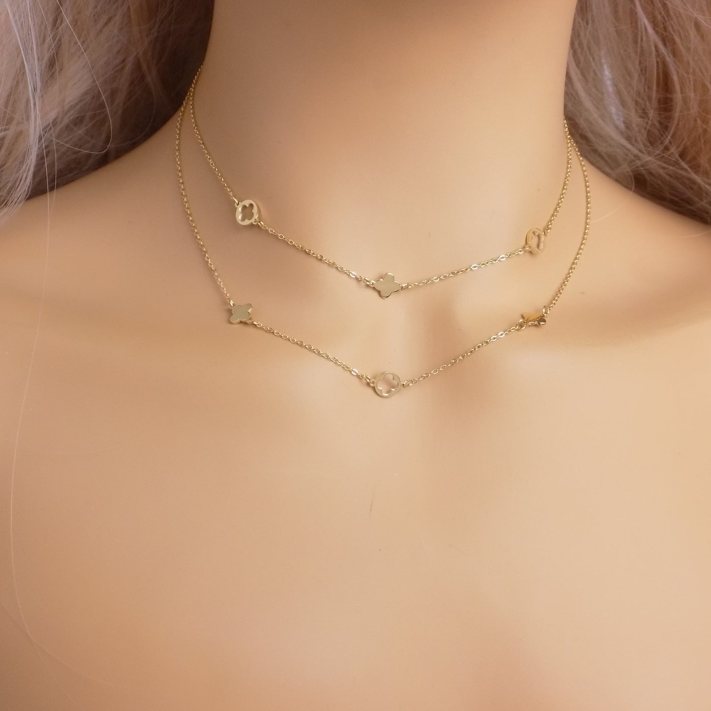 Double Strand Gold Minimalist Necklace with Clover Charms - Stainless Steel