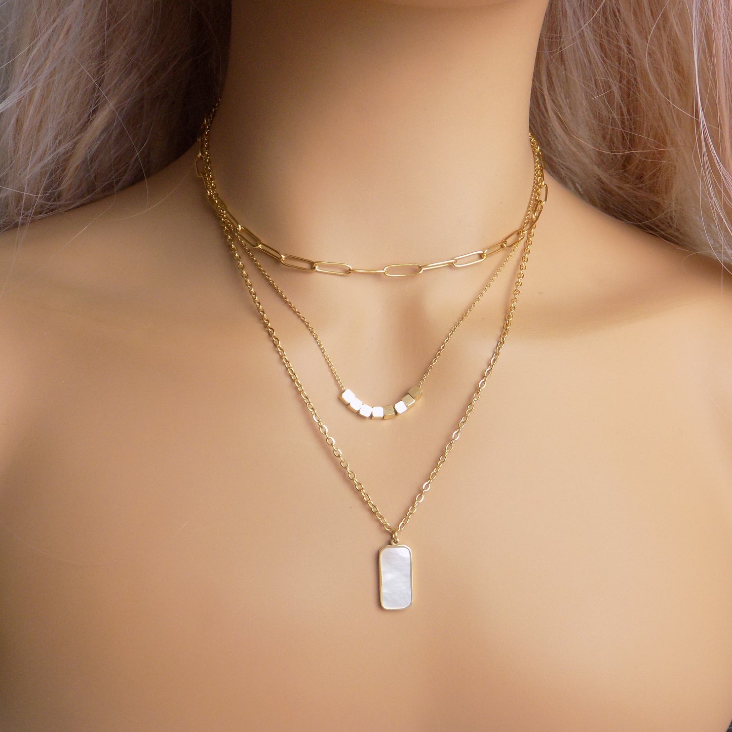 Trendy Gold Layered Necklace - Paperclip Chain - Mother of Pearl Charm - 18K Gold Stainless Steel