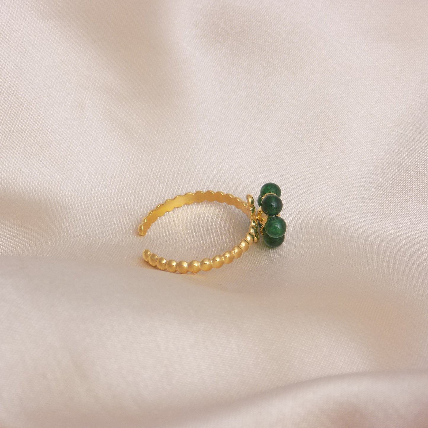 Green Beaded Flower Ring Adjustable 18K Gold Stainless Steel - Minimalist Jewelry