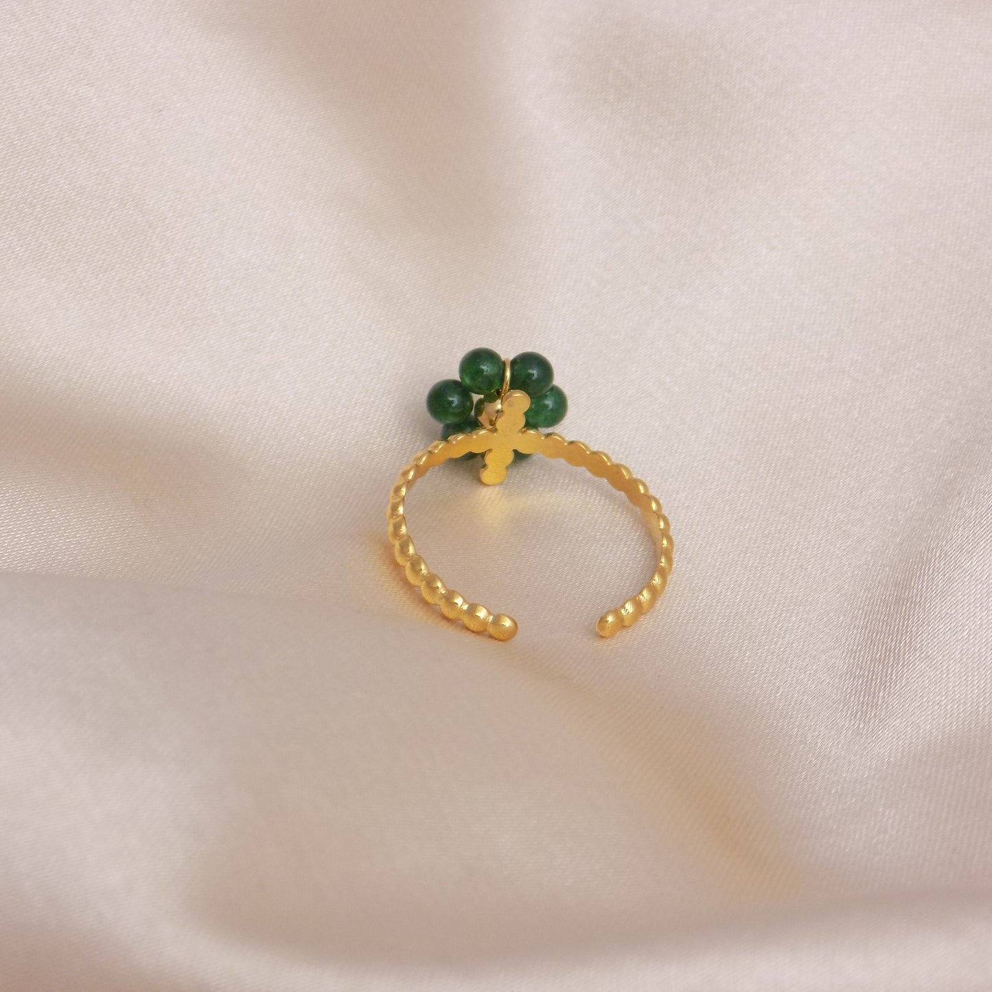 Green Beaded Flower Ring Adjustable 18K Gold Stainless Steel - Minimalist Jewelry