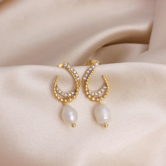 Unique Freshwater Pearl Stud Earrings with Tiny Cubic Zirconia Stones - Minimalist Trendy