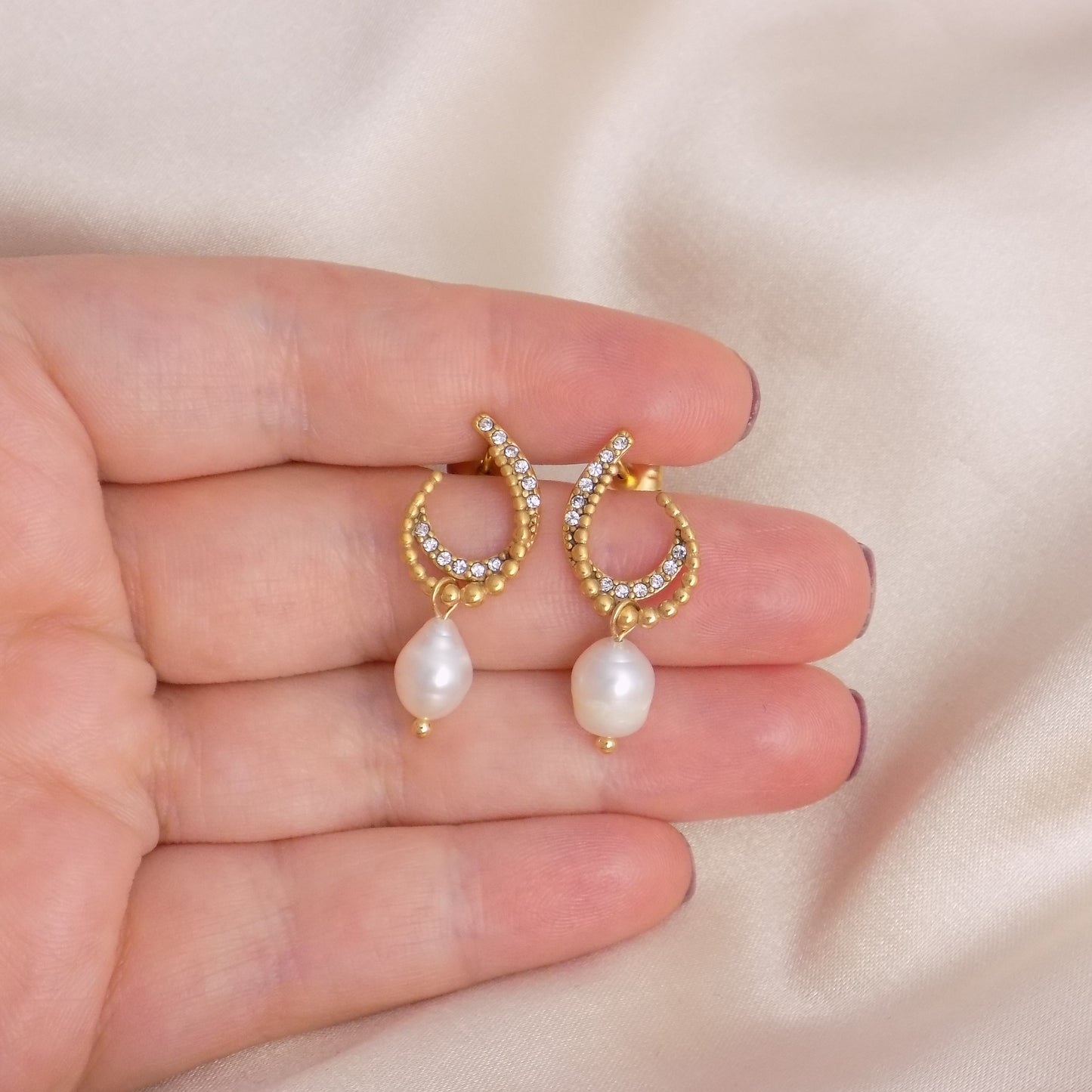 Unique Freshwater Pearl Stud Earrings with Tiny Cubic Zirconia Stones - Minimalist Trendy