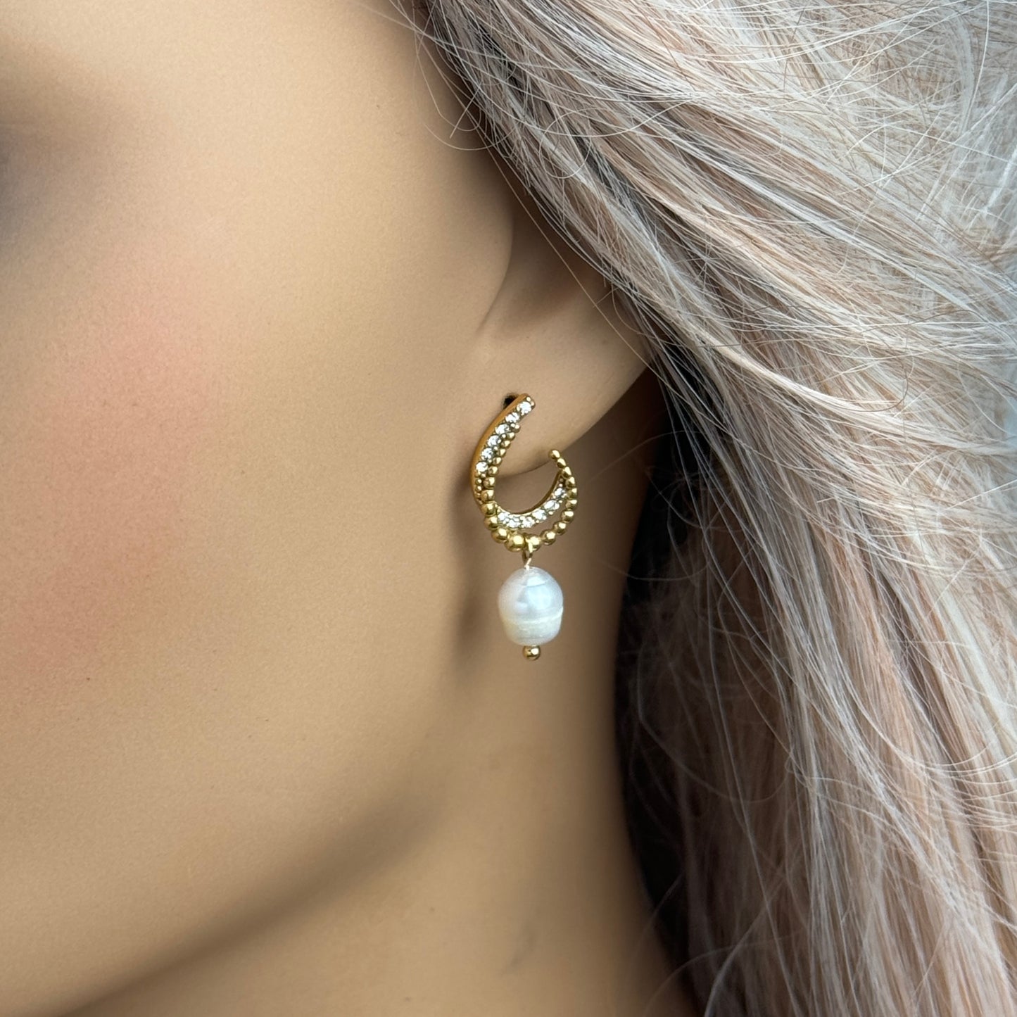 Unique Freshwater Pearl Stud Earrings with Tiny Cubic Zirconia Stones - Minimalist Trendy