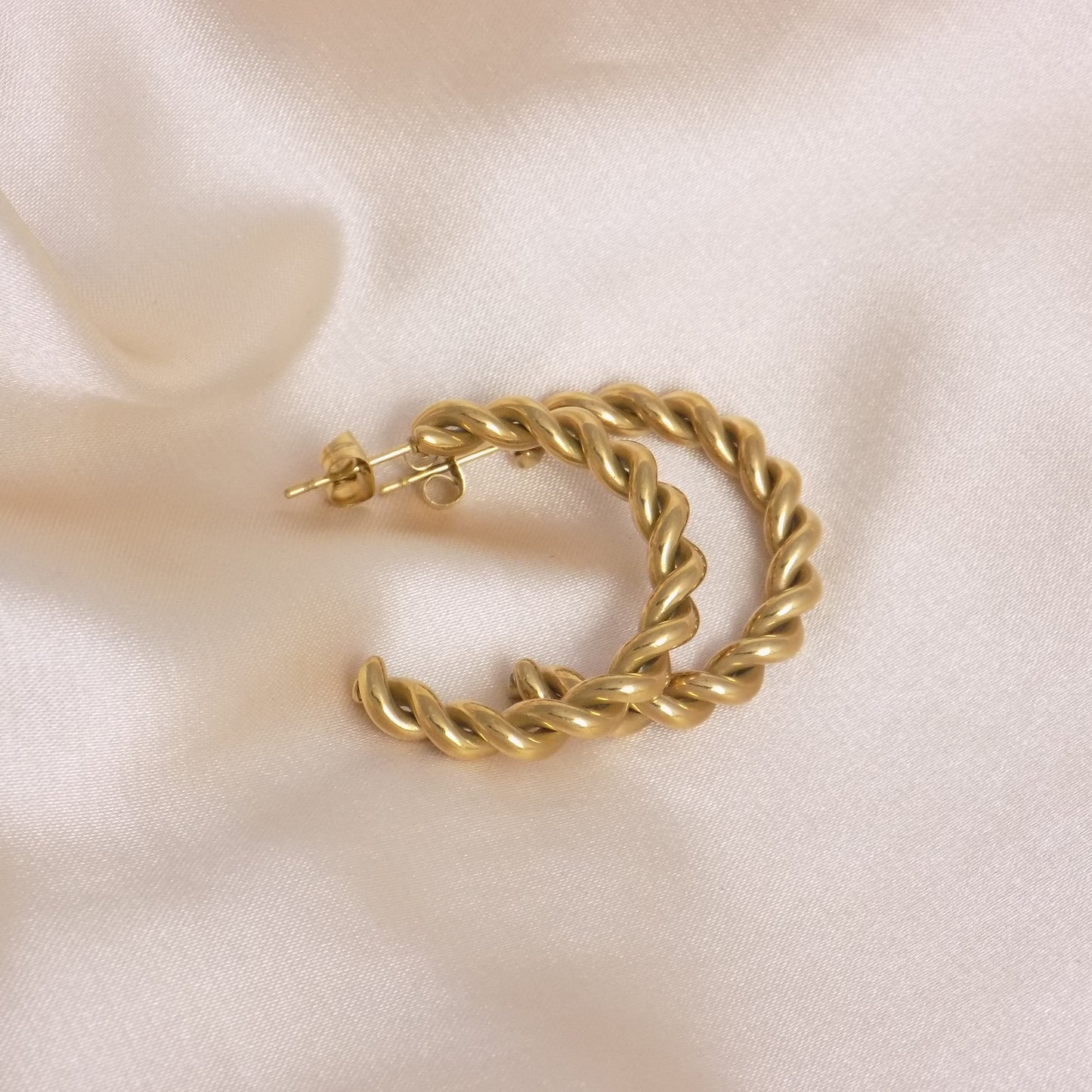 18K Gold Twisted Hoop Earrings Studs Stainless Steel - Minimalist Everyday Jewelry