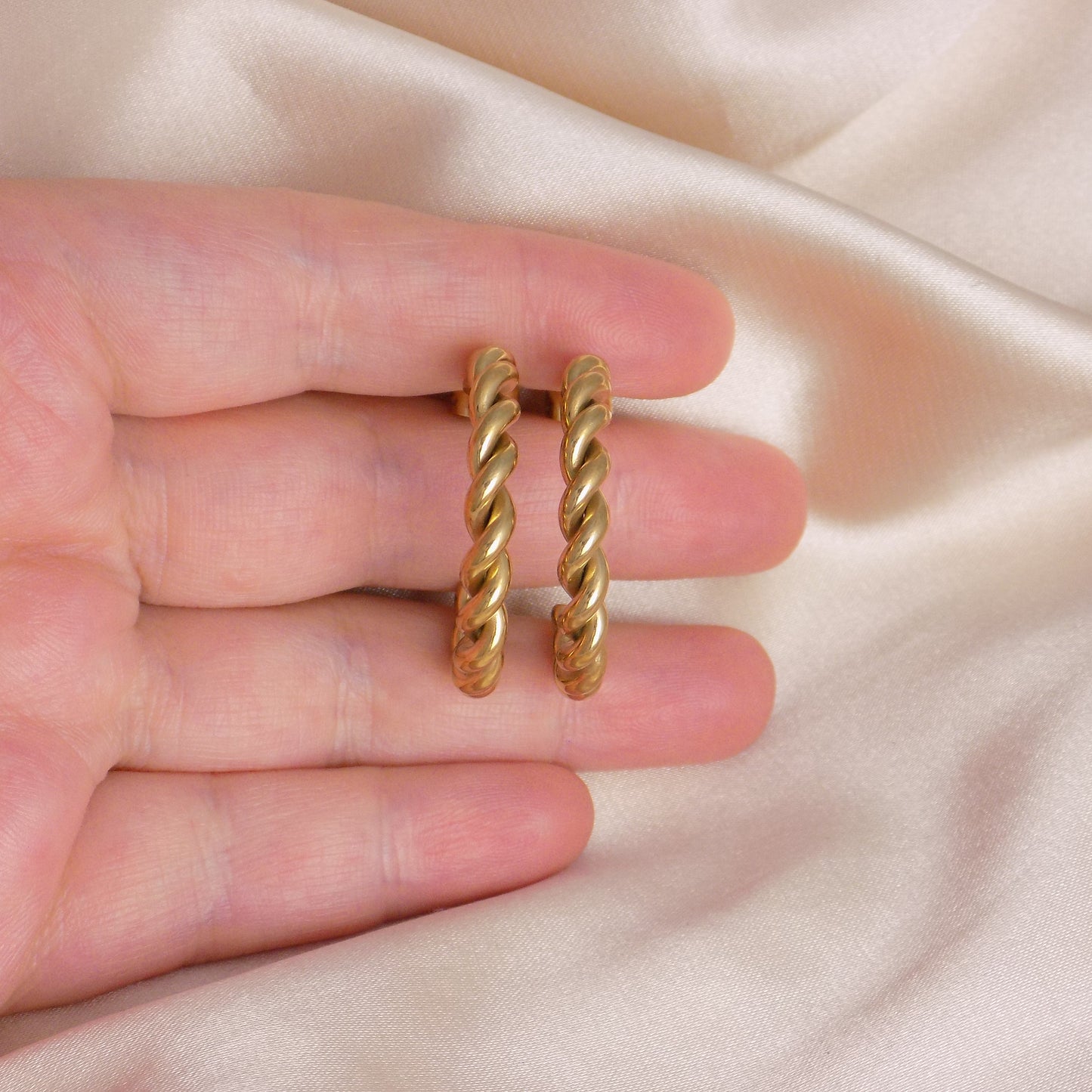 18K Gold Twisted Hoop Earrings Studs Stainless Steel - Minimalist Everyday Jewelry