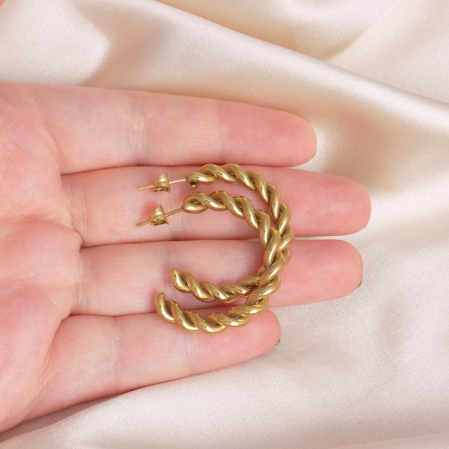 18K Gold Twisted Hoop Earrings Studs Stainless Steel - Minimalist Everyday Jewelry
