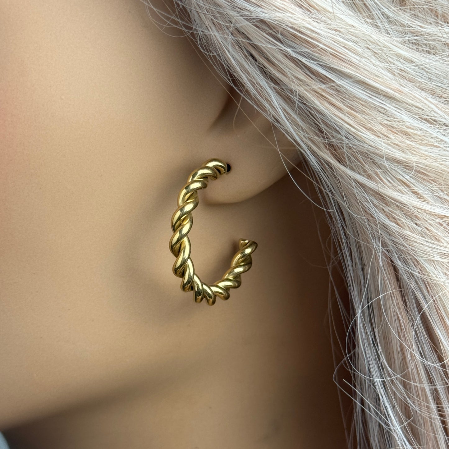 18K Gold Twisted Hoop Earrings Studs Stainless Steel - Minimalist Everyday Jewelry