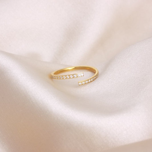 Dainty Gold Ring with Cubic Zirconia Stones Adjustable Band - 18K Gold Stainless Steel