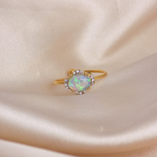 Oval Opal Ring Gold Adjustable with Cubic Zirconia Accent - Minimalist Jewelry