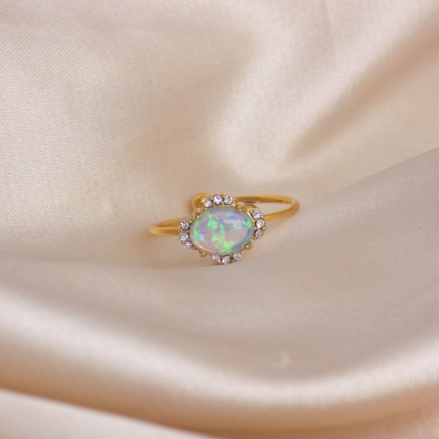 Oval Opal Ring Gold Adjustable with Cubic Zirconia Accent - Minimalist Jewelry