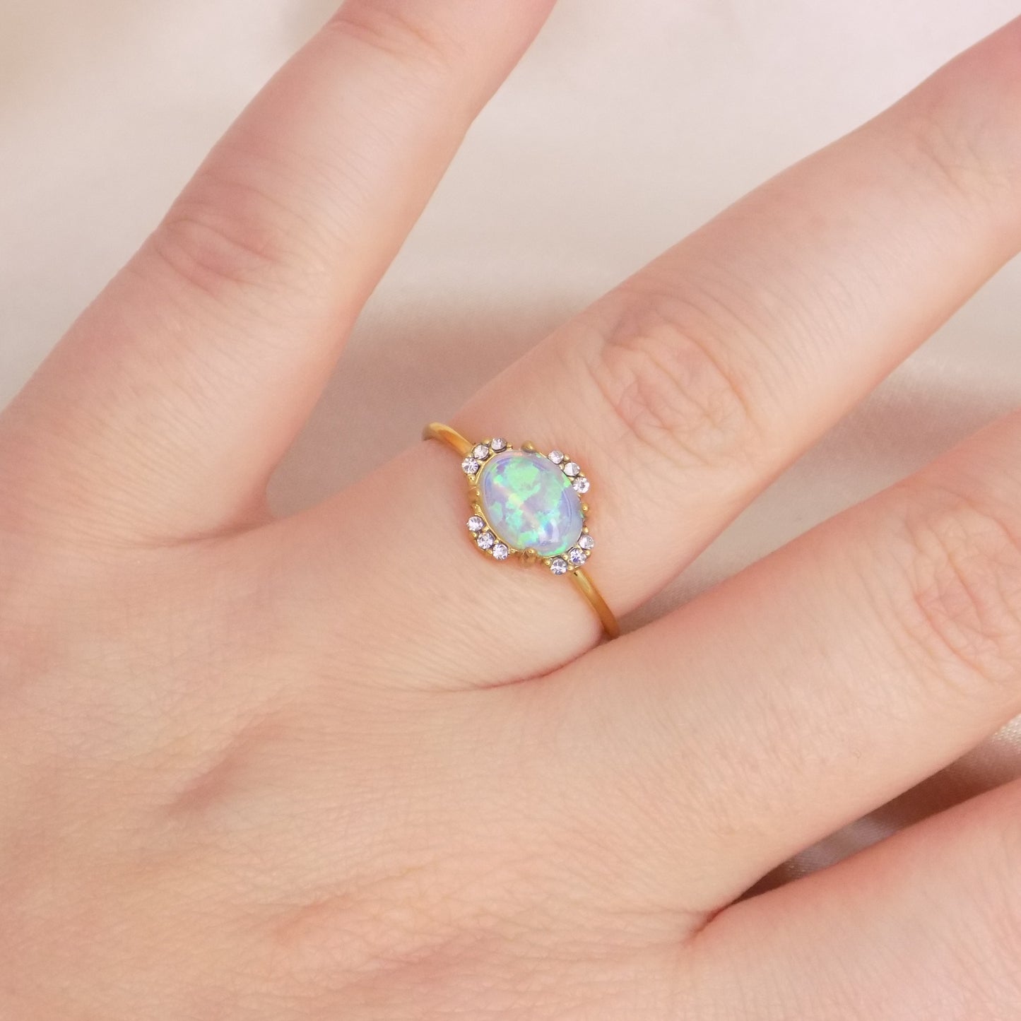 Oval Opal Ring Gold Adjustable with Cubic Zirconia Accent - Minimalist Jewelry