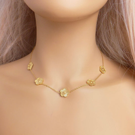 18K Gold Clover Necklace Stainless Steel 5 Motif Flowers