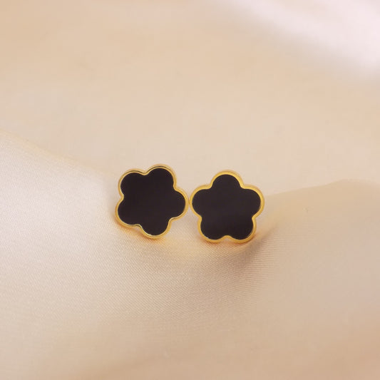 Black Clover Earrings Studs Gold Plated Satinless Steel Flower