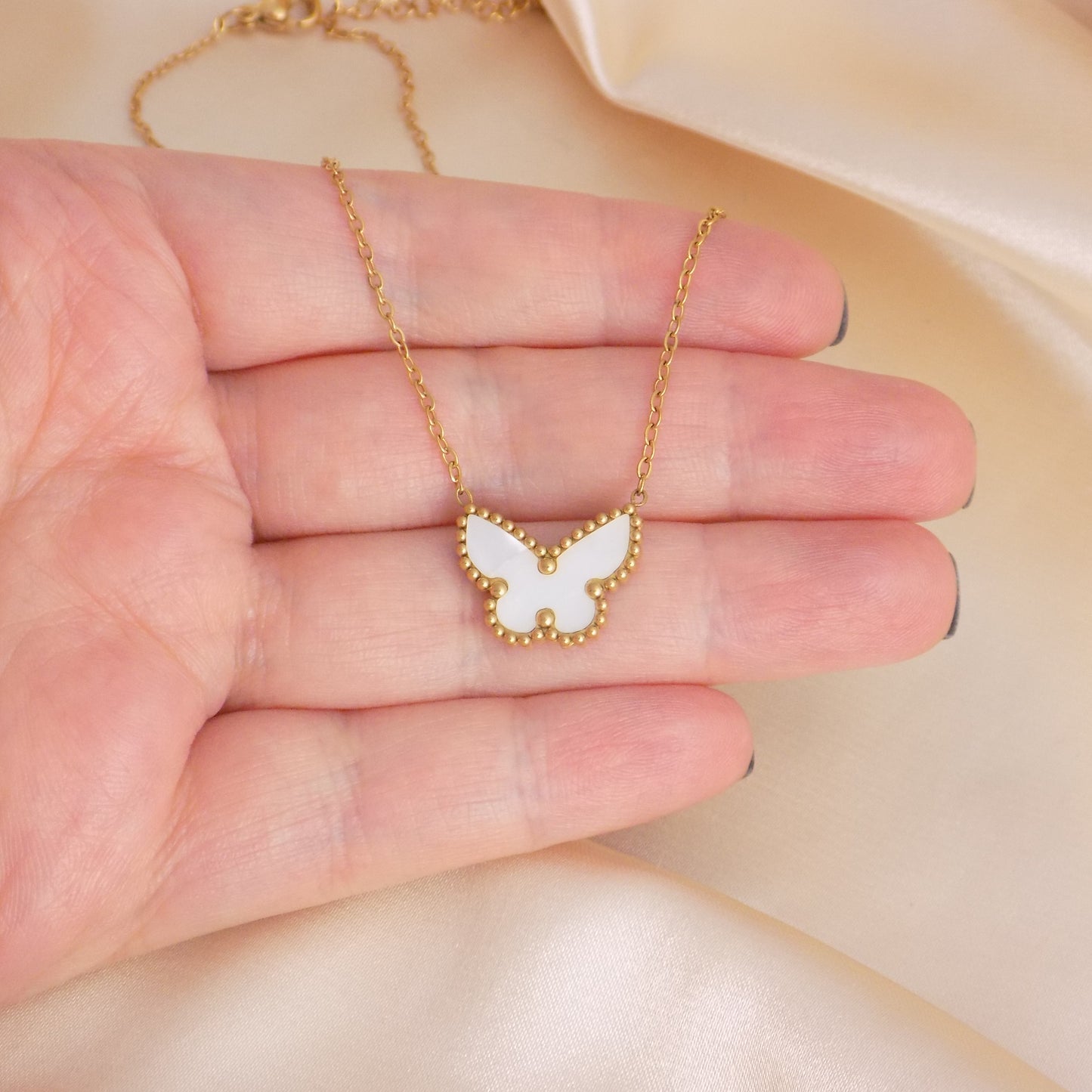 White Butterfly Necklace Gold Plated Stainless Steel 16"-18" Adjustable MOP