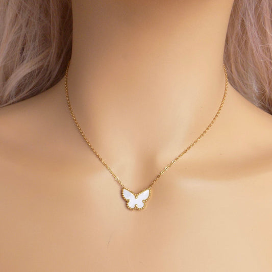 White Butterfly Necklace Gold Plated Stainless Steel 16"-18" Adjustable MOP