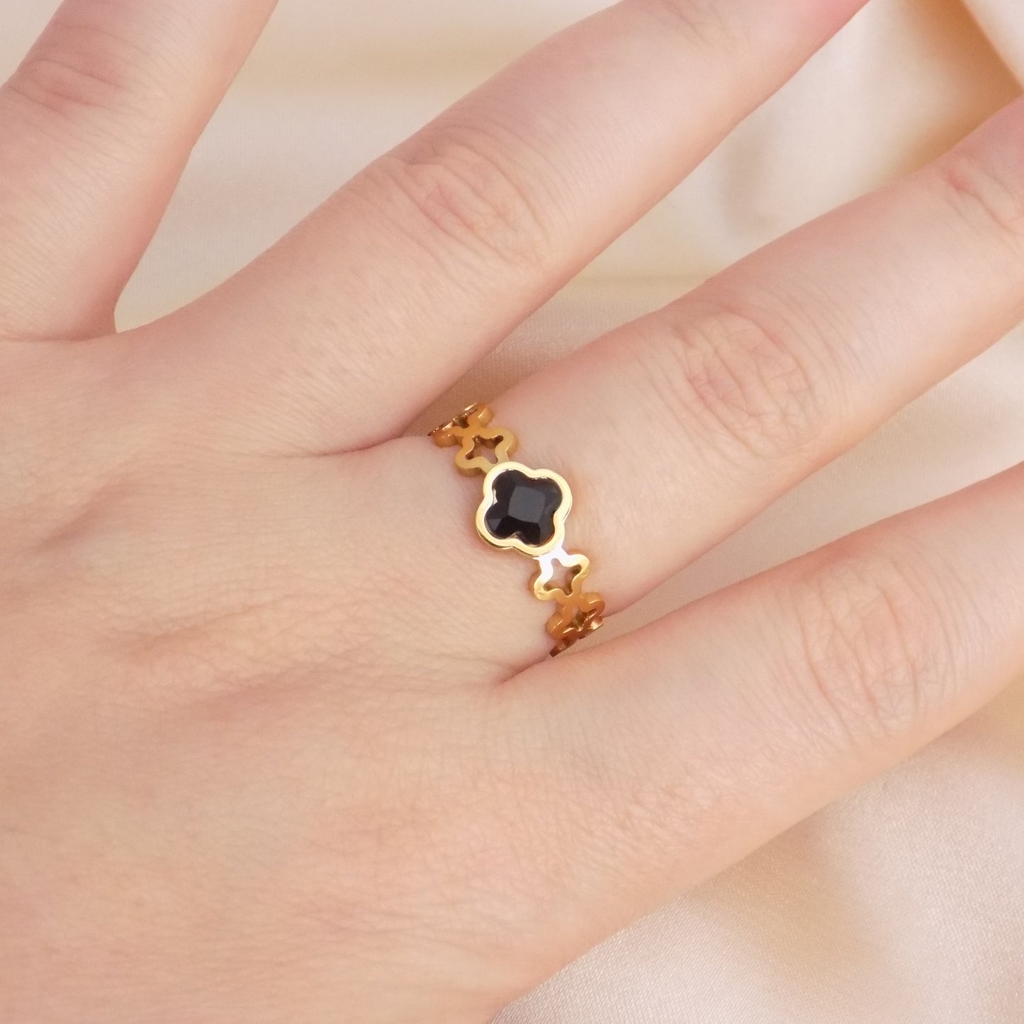 Black Clover Ring 18K Gold Stainless Steel Adjustable Minimalist Jewelry