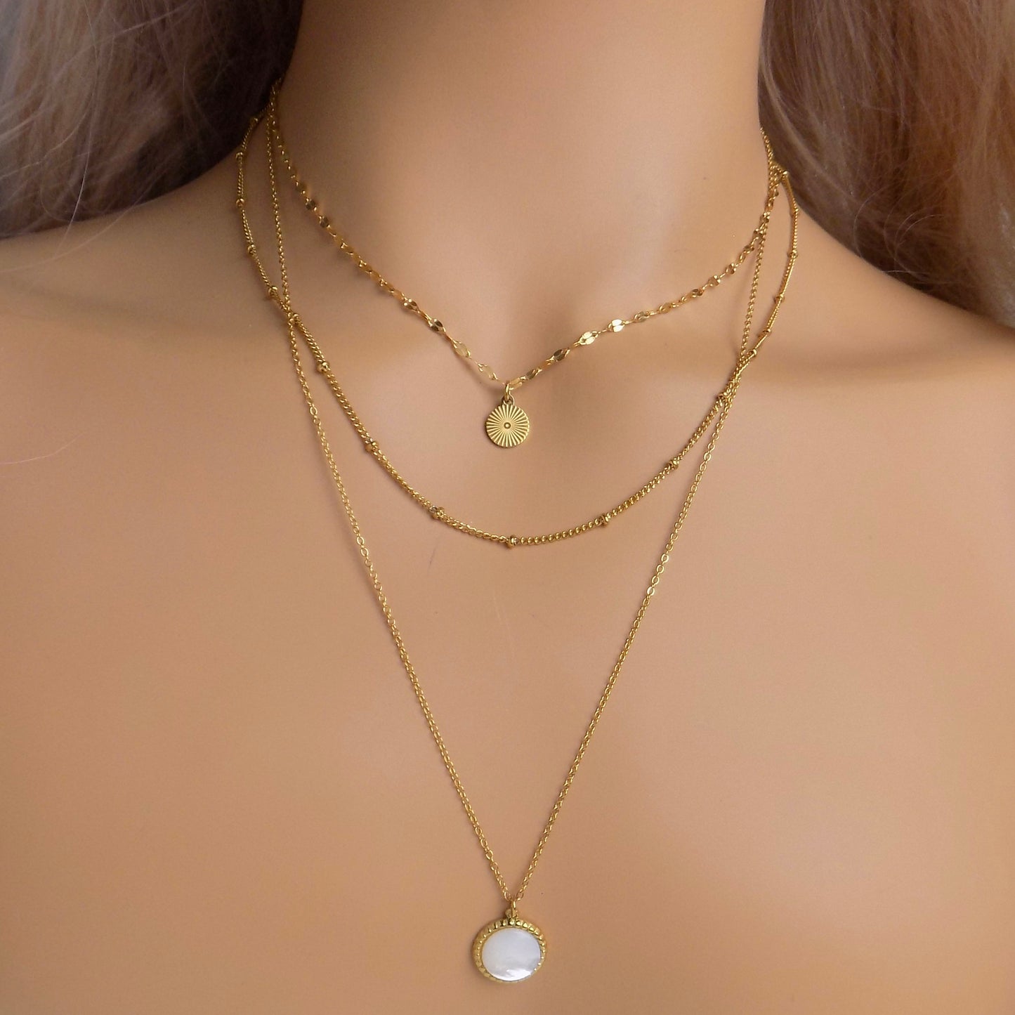 Minimalist Gold Layered Necklace Three Strand - Lace Chain - Satellite Chain - MOP Charm