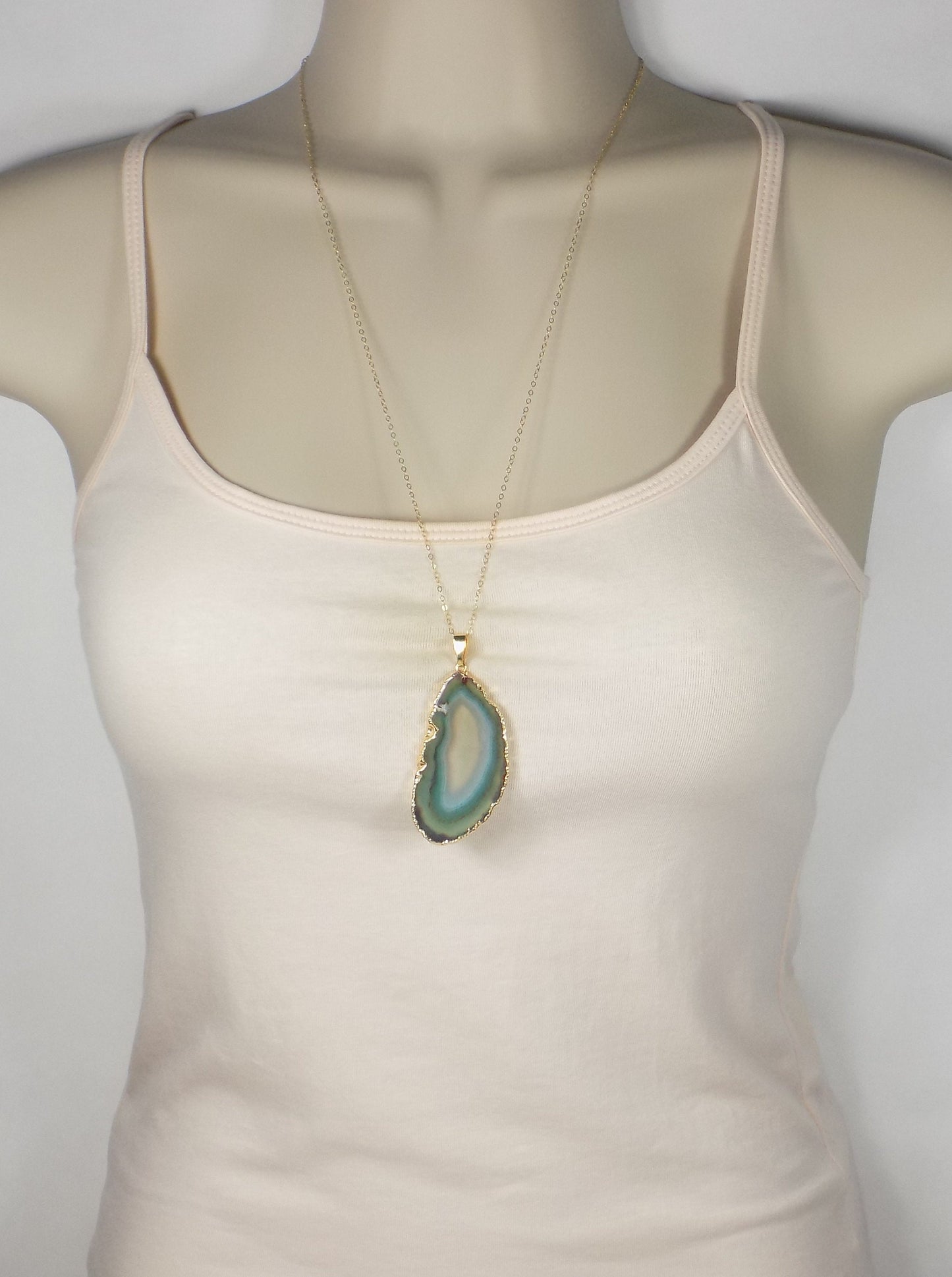 Boho Green Agate Necklace Gold, Geode Pendant Necklace, Statement Jewelry, Gift For Mom, G11-122