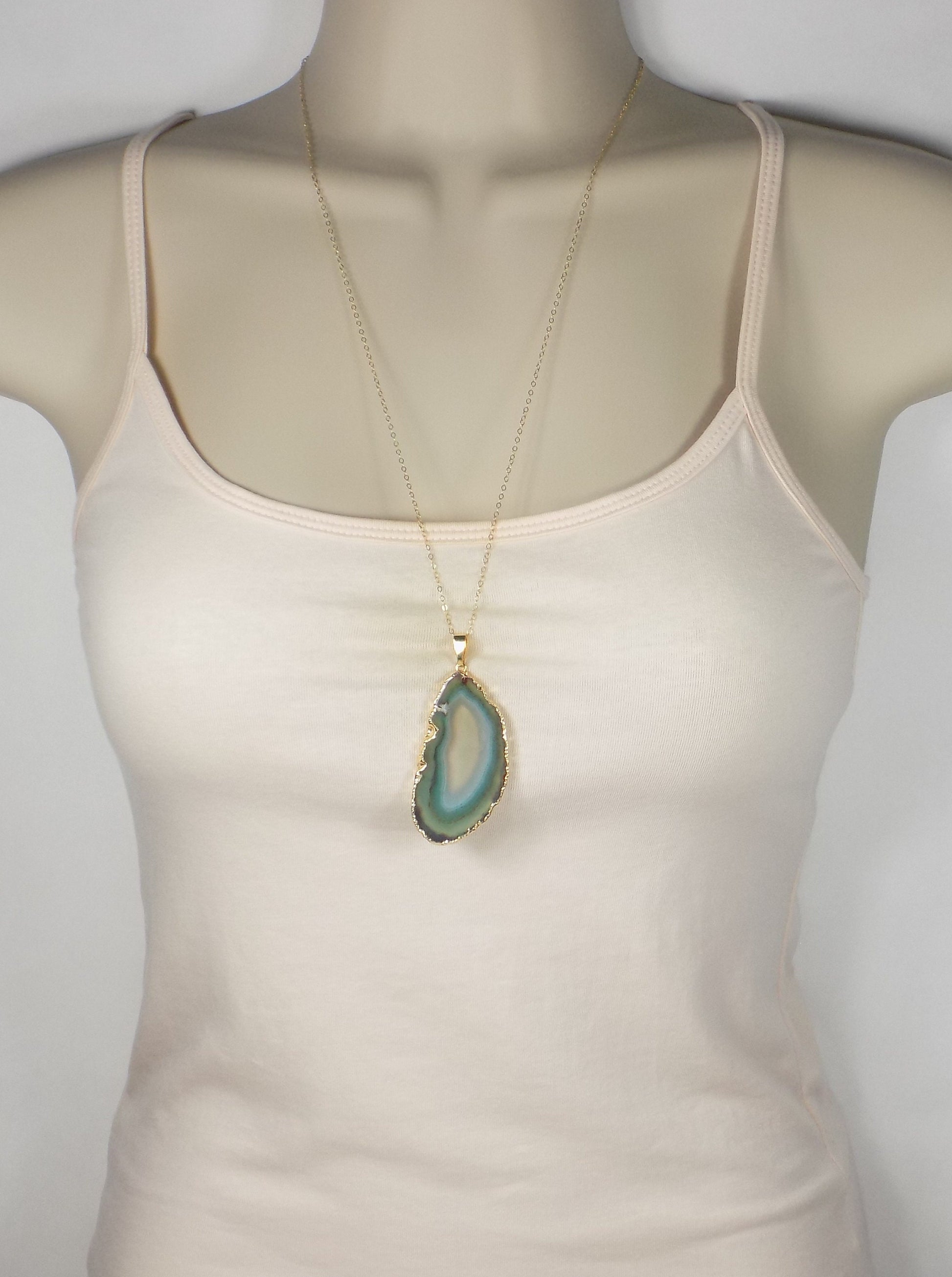 Boho Green Agate Necklace Gold, Geode Pendant Necklace, Statement Jewelry, Gift For Mom, G11-122