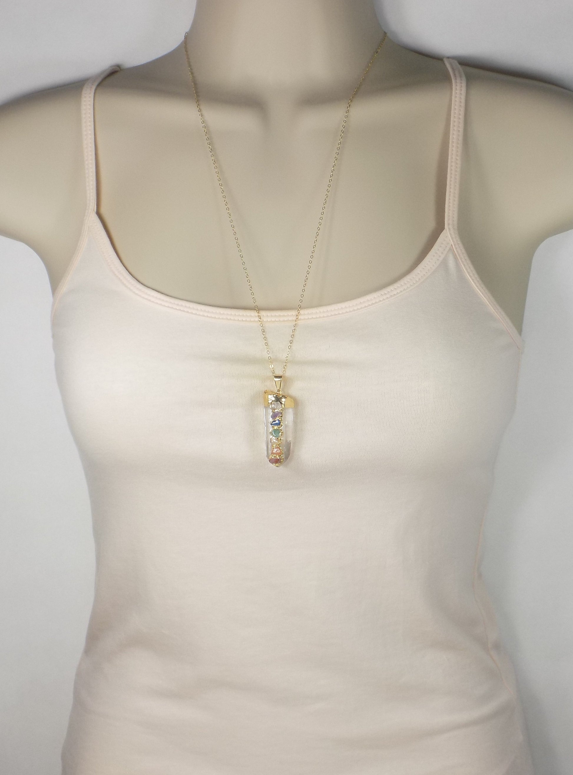Crystal Chakra Necklace Gold, 7 Chakra Crystals Pendant, Yoga Reiki Jewelry, Boho Long Necklaces For Women Gift, G15-331