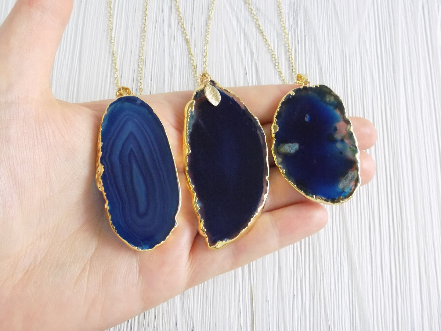Gold Agate Necklace Blue - Slice Agate Pendant Gemstone Necklace Large