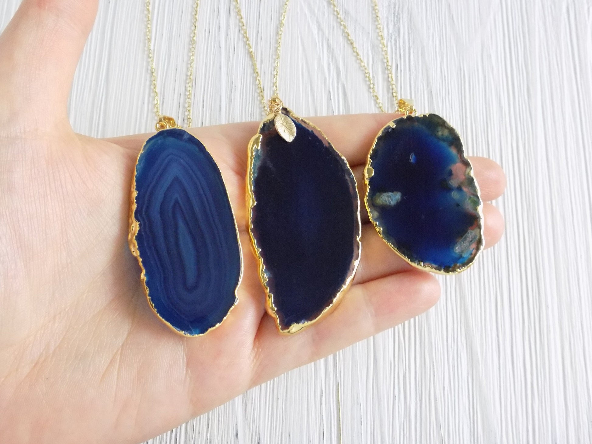 Gold Agate Necklace Blue - Slice Agate Pendant Gemstone Necklace Large
