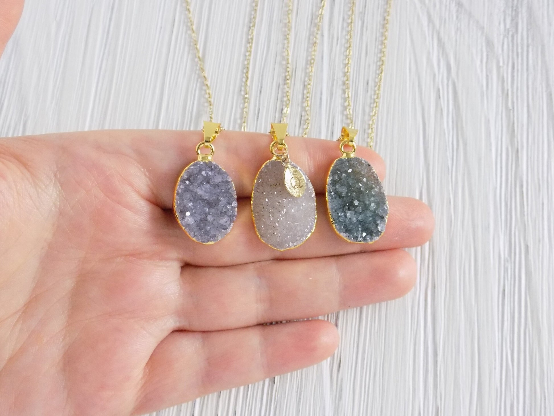 Personalized Druzy Necklace Gold Fill Chain - Drusy Pendant Necklaces For Women