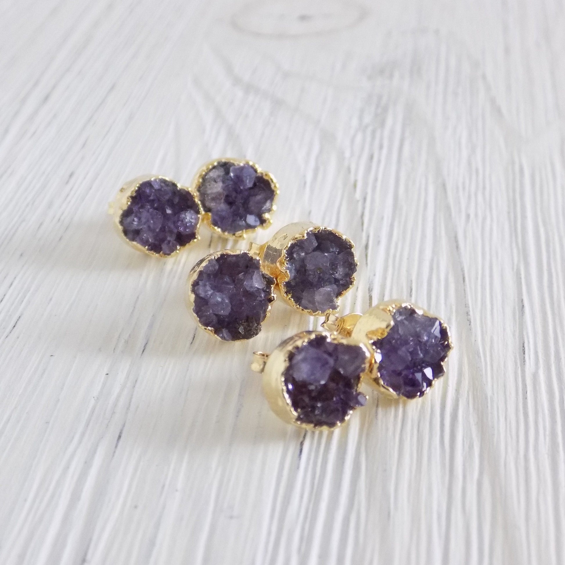 Raw Amethyst Earrings Studs - Deep Purple Raw Stone Earrings