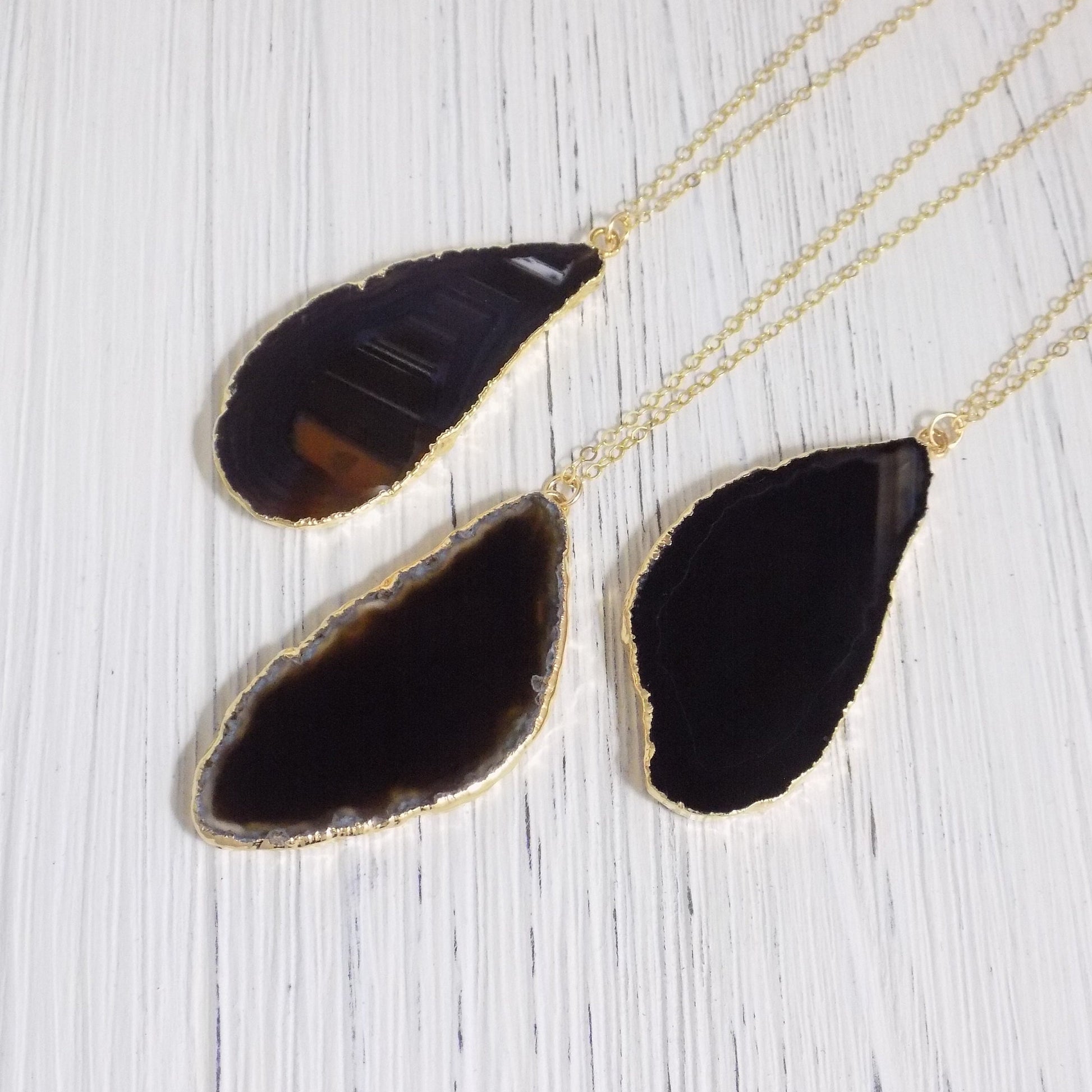 Black Agate Necklace 14K Gold Filled Chain - Long Slice Pendant Necklace