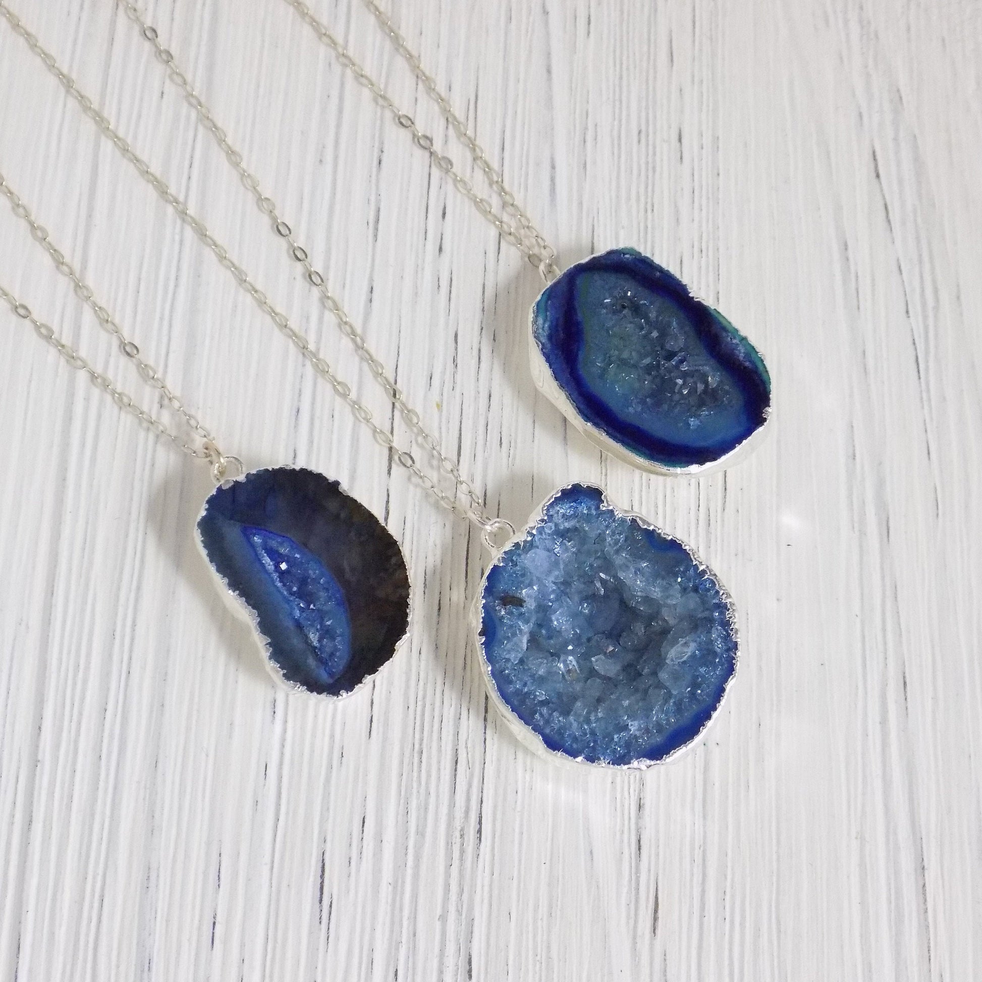 Boho Small Geode Necklace Silver - Blue Raw Stone Necklace