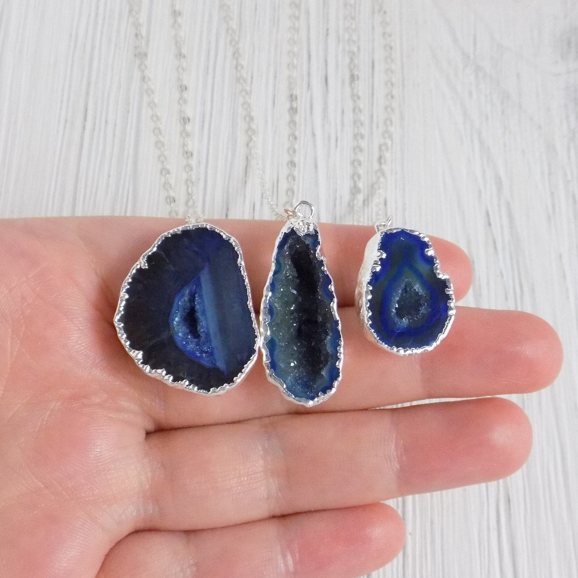 Boho Small Geode Necklace Silver - Blue Raw Stone Necklace