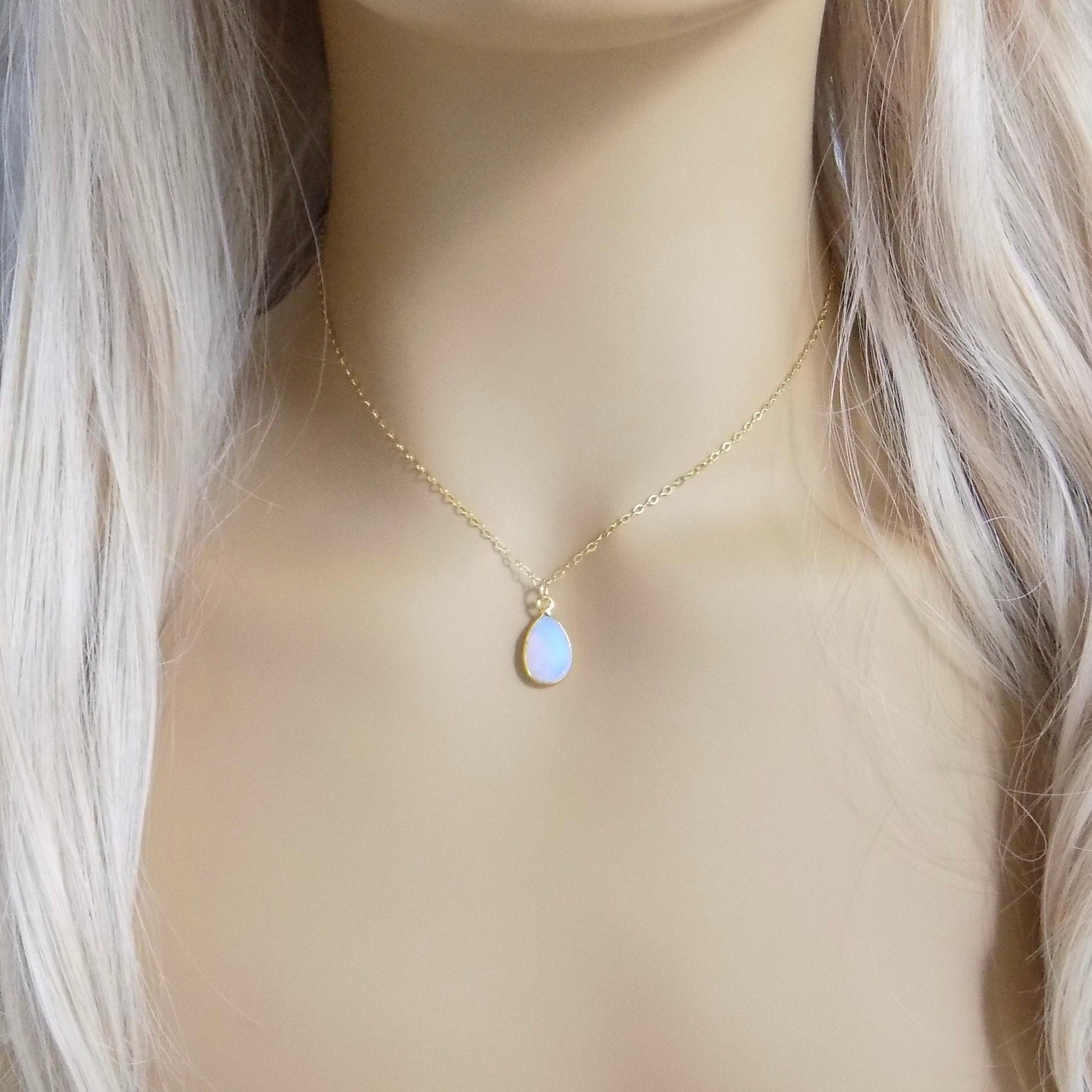 Mothers Day Gift, Opalite Necklace Gold, Personalized Initial, Teardrop Stone Necklace, Opal Jewelry Gifts Mom, Gift For Wife, M4-65