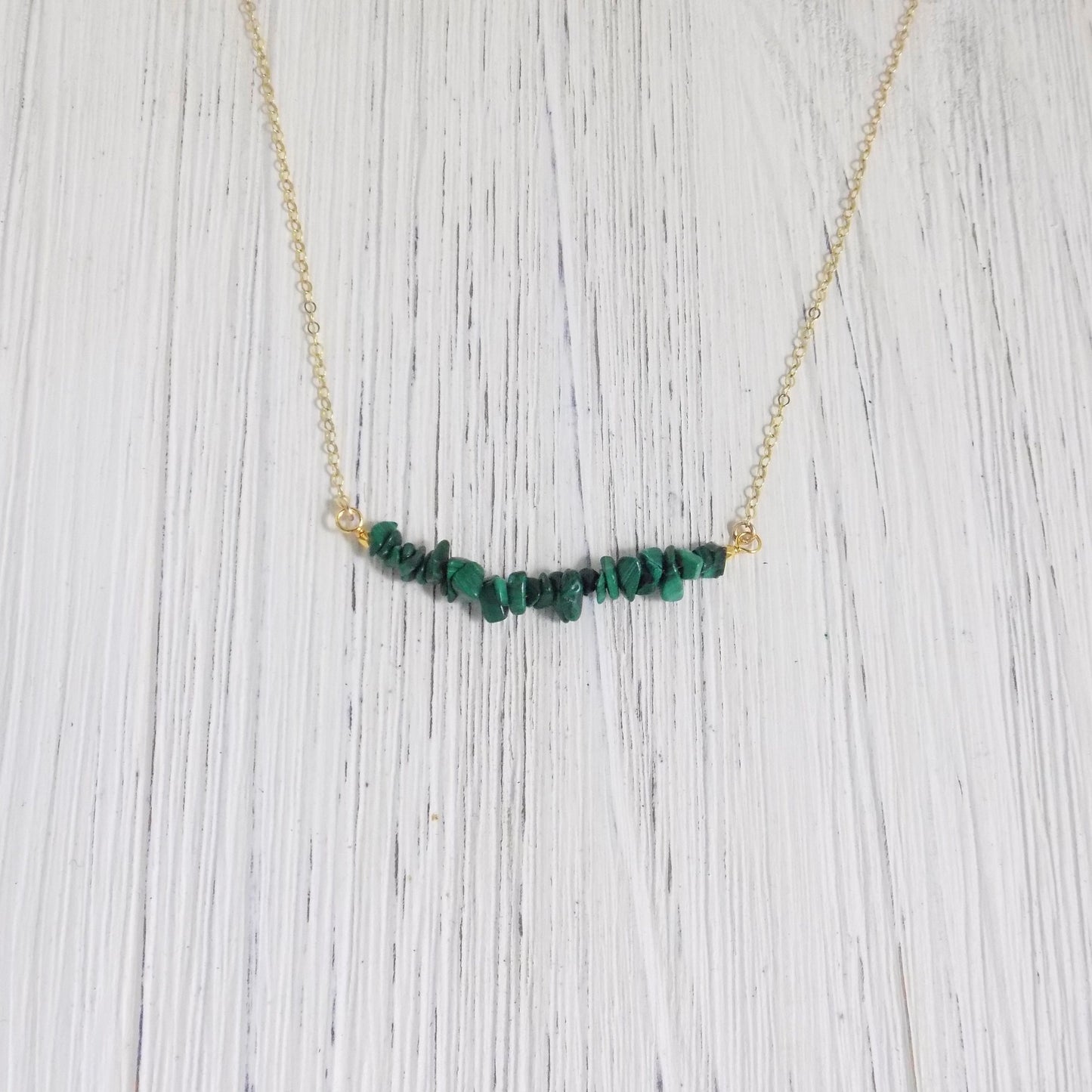 Green Malachite Gemstone Bar Necklace on 14K Gold Filled Chain, M5-332