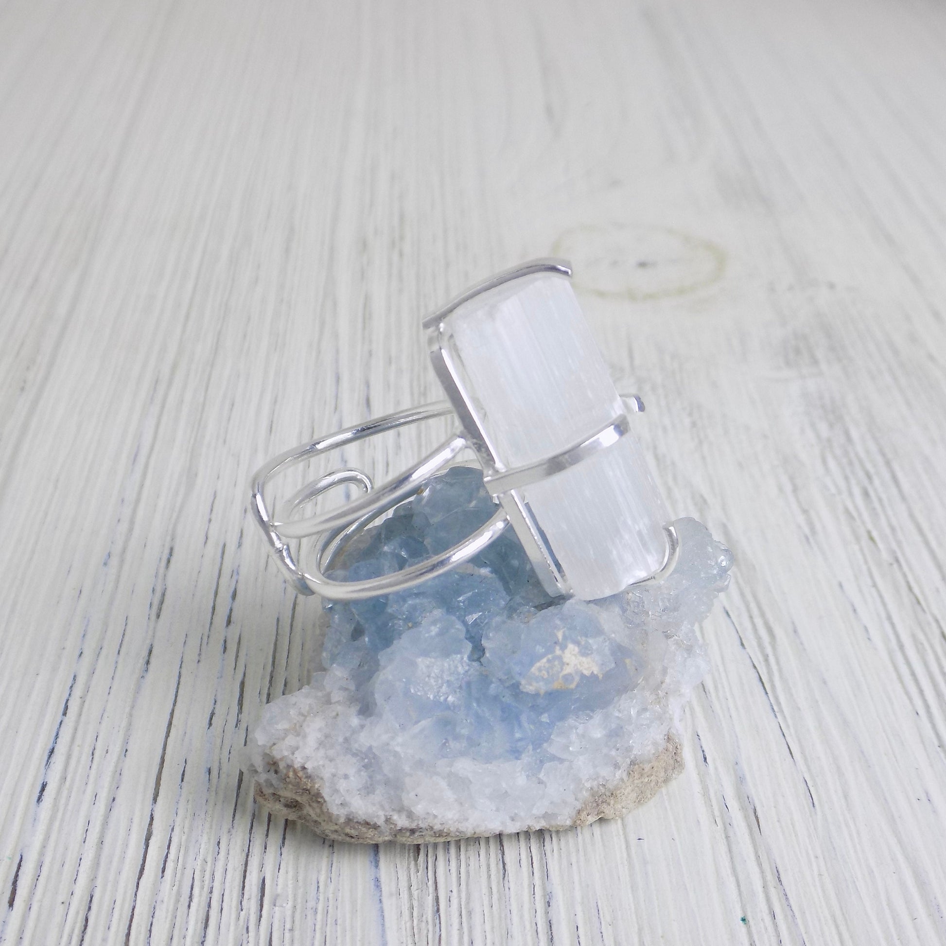 Boho White Crystal Rings For Women, Raw White Selenite, Calming Chakra Stone Large, Adjustable Band Silver Plated, G13-100