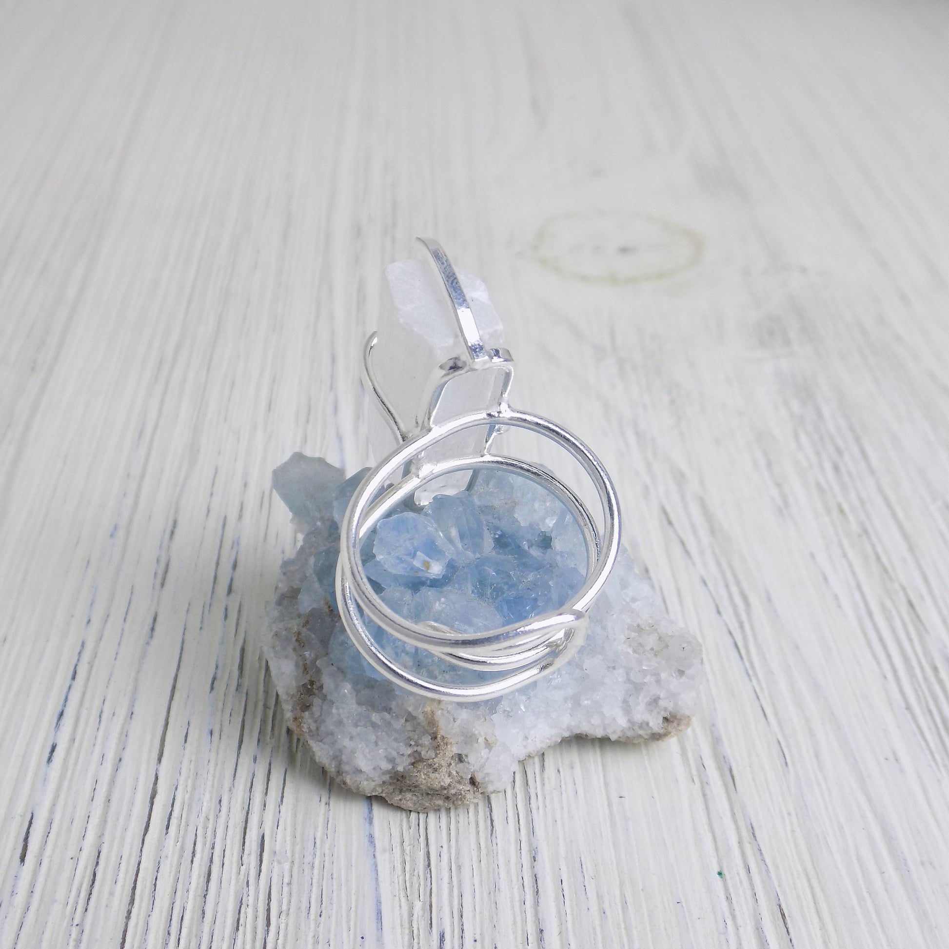 Boho White Crystal Rings For Women, Raw White Selenite, Calming Chakra Stone Large, Adjustable Band Silver Plated, G13-100