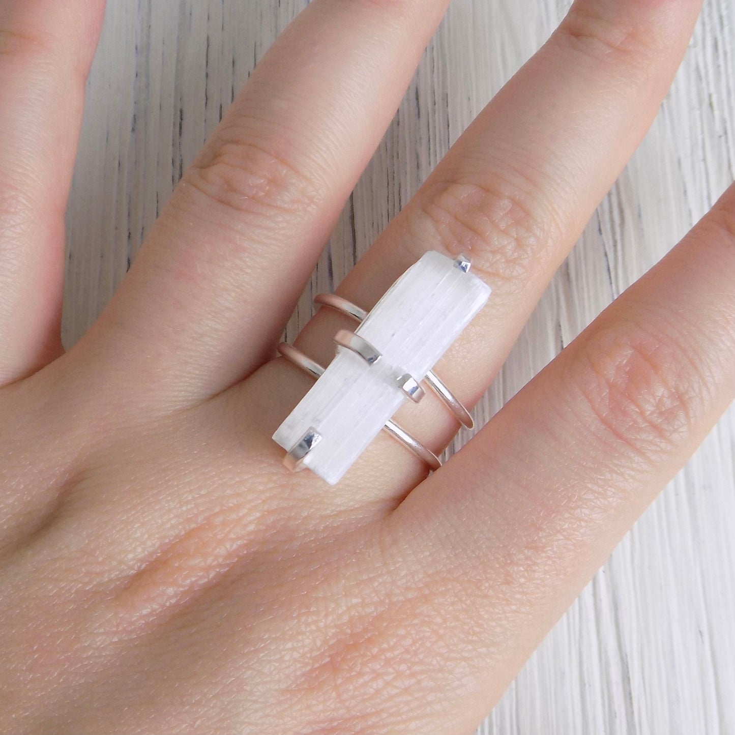Boho White Crystal Rings For Women, Raw White Selenite, Calming Chakra Stone Large, Adjustable Band Silver Plated, G13-100