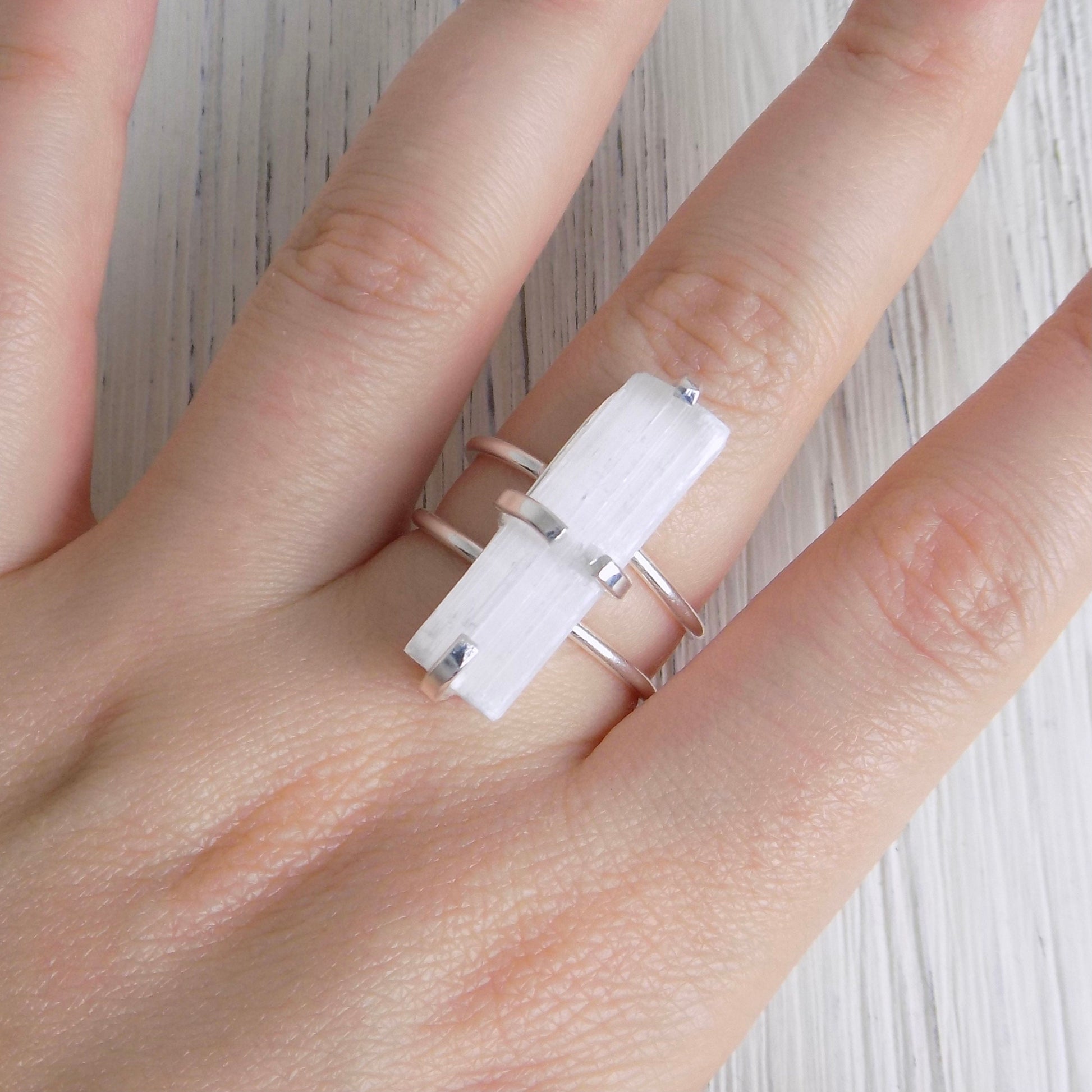 Boho White Crystal Rings For Women, Raw White Selenite, Calming Chakra Stone Large, Adjustable Band Silver Plated, G13-100
