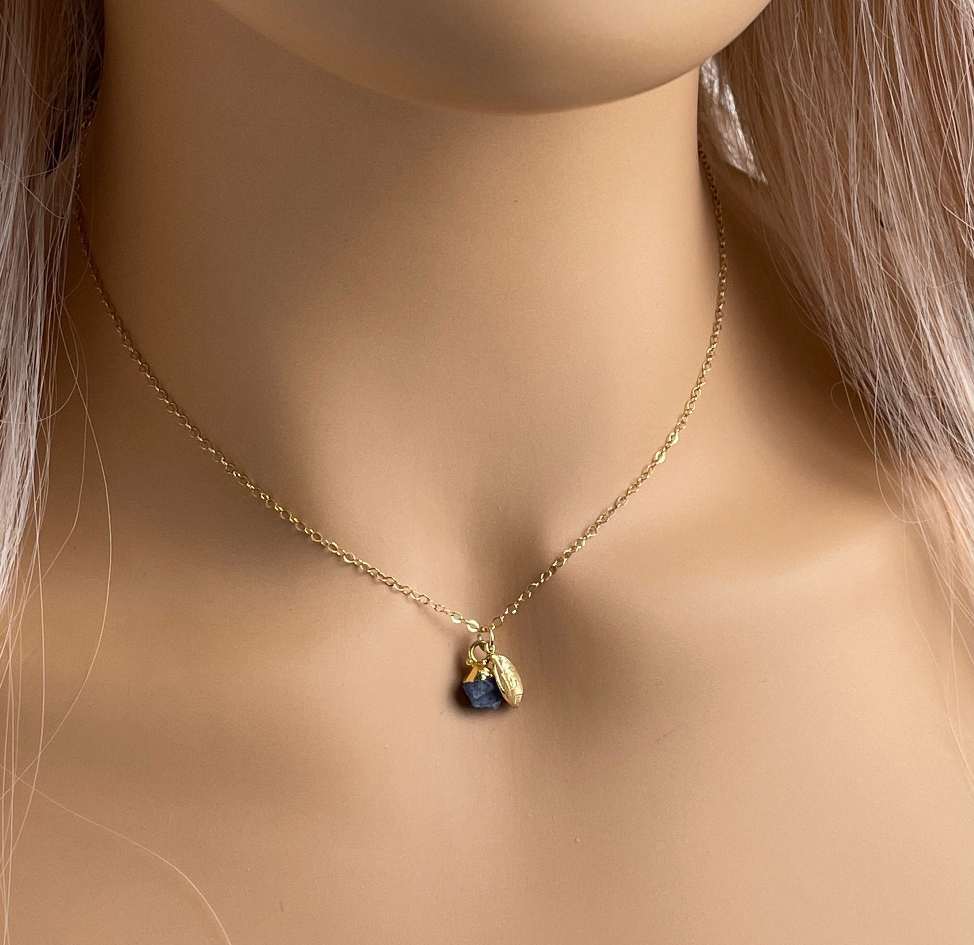 Tiny Raw Sapphire Necklace Gold, Personalized Blue Crystal Charm, Genuine Sapphire, Gift For Her, M5-402