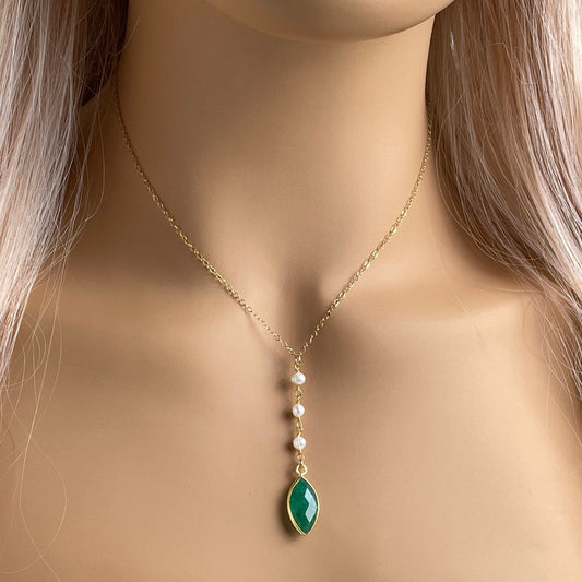 Green Emerald Lariat Necklace, Pearl Y Necklace, May Birthstone Necklaces, Genuine Emerald, Bridal Jewelry, M5-407