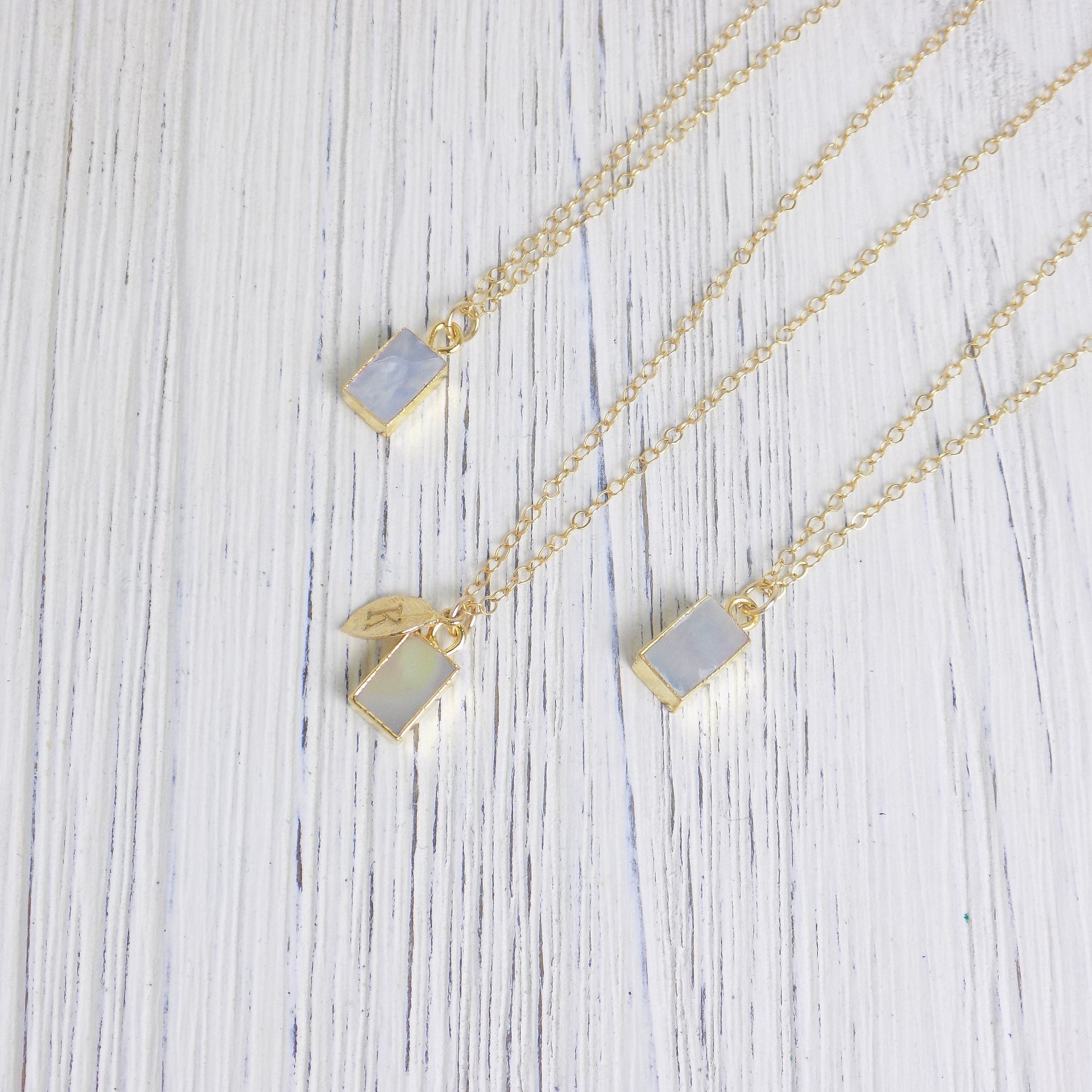 Mother of Pearl Necklace Personalized Initial, Small Rectangle Stone Pendant Gold, Gifts For Best Friend, M5-550
