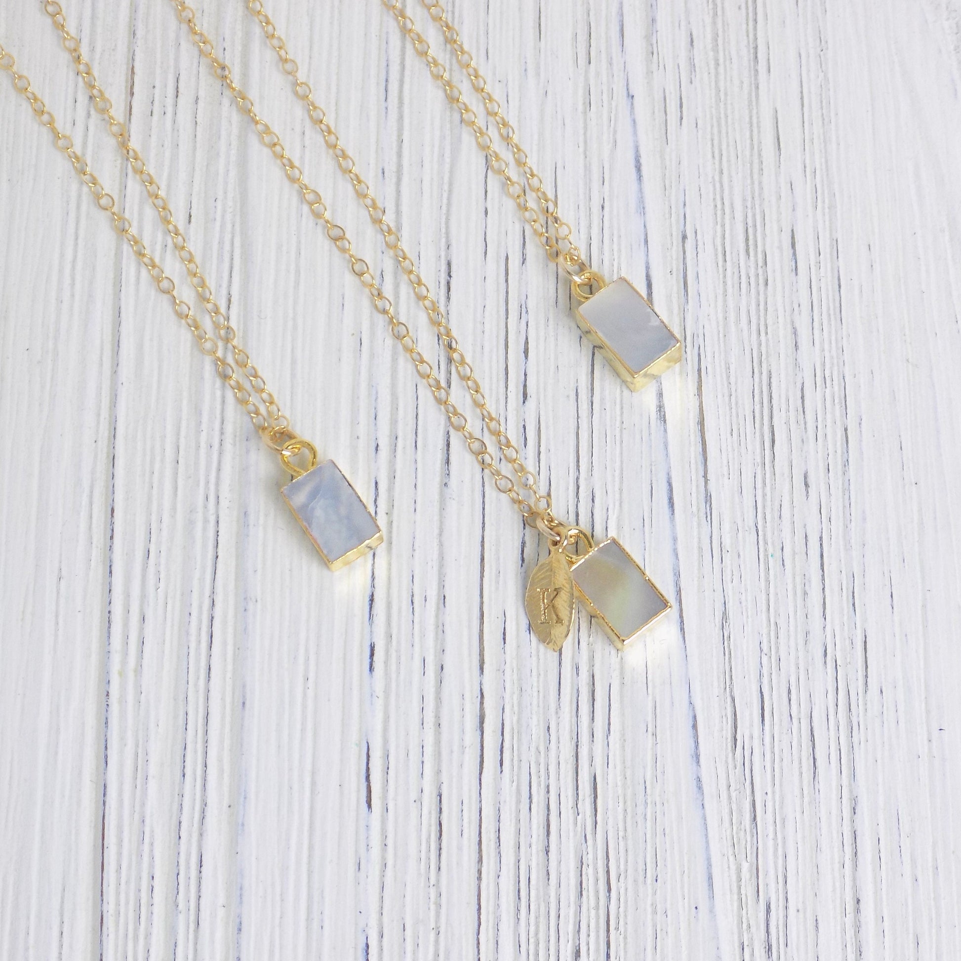 Mother of Pearl Necklace Personalized Initial, Small Rectangle Stone Pendant Gold, Gifts For Best Friend, M5-550