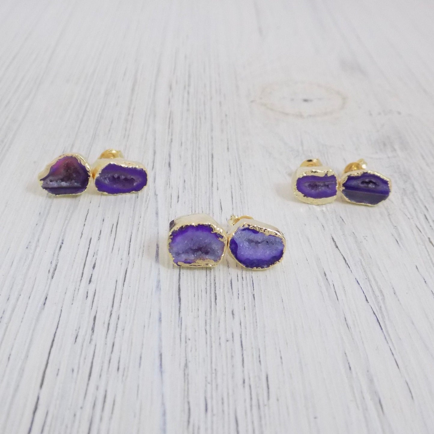 Christmas Gifts For Her - Purple Geode Earrings Studs Gold