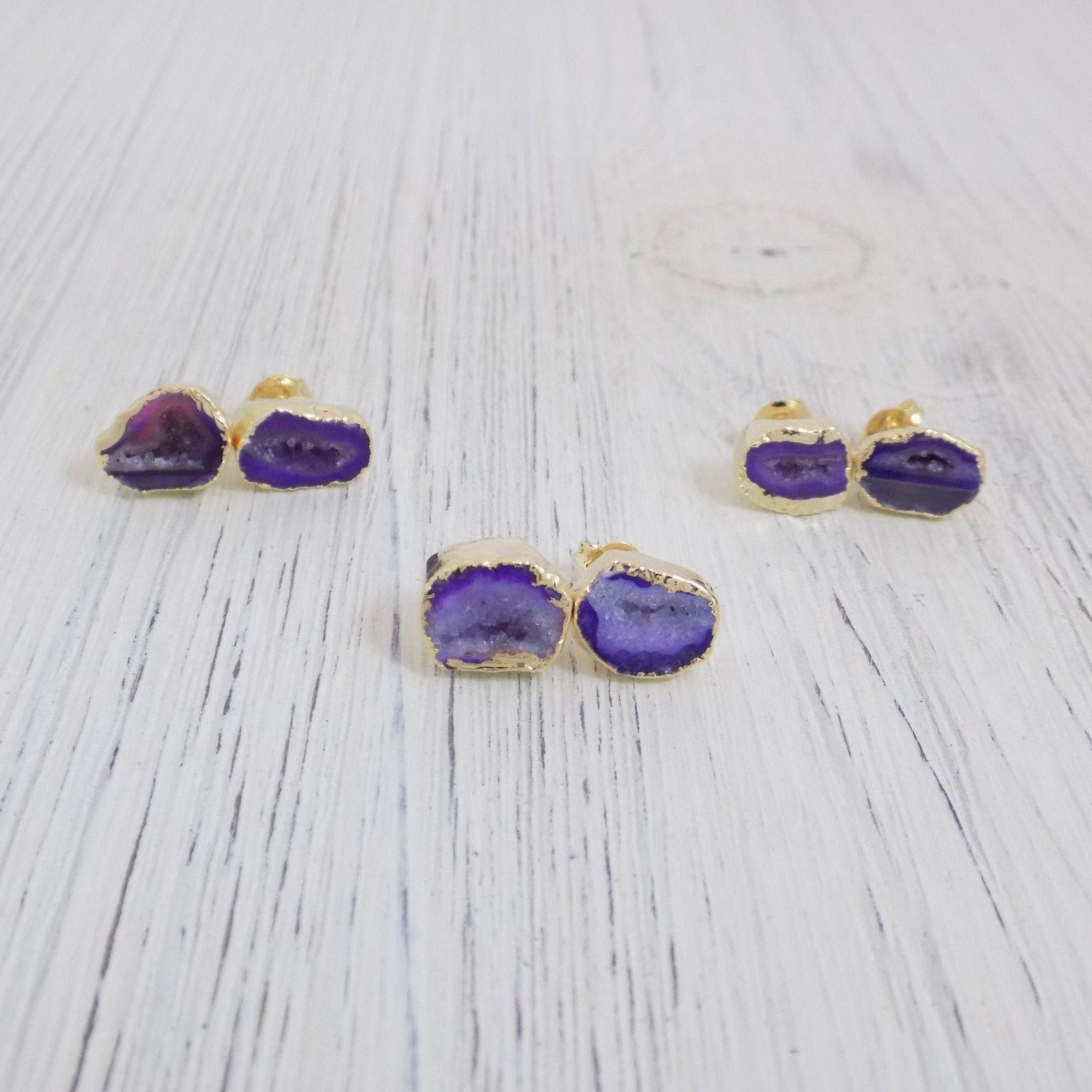 Christmas Gifts For Her - Purple Geode Earrings Studs Gold