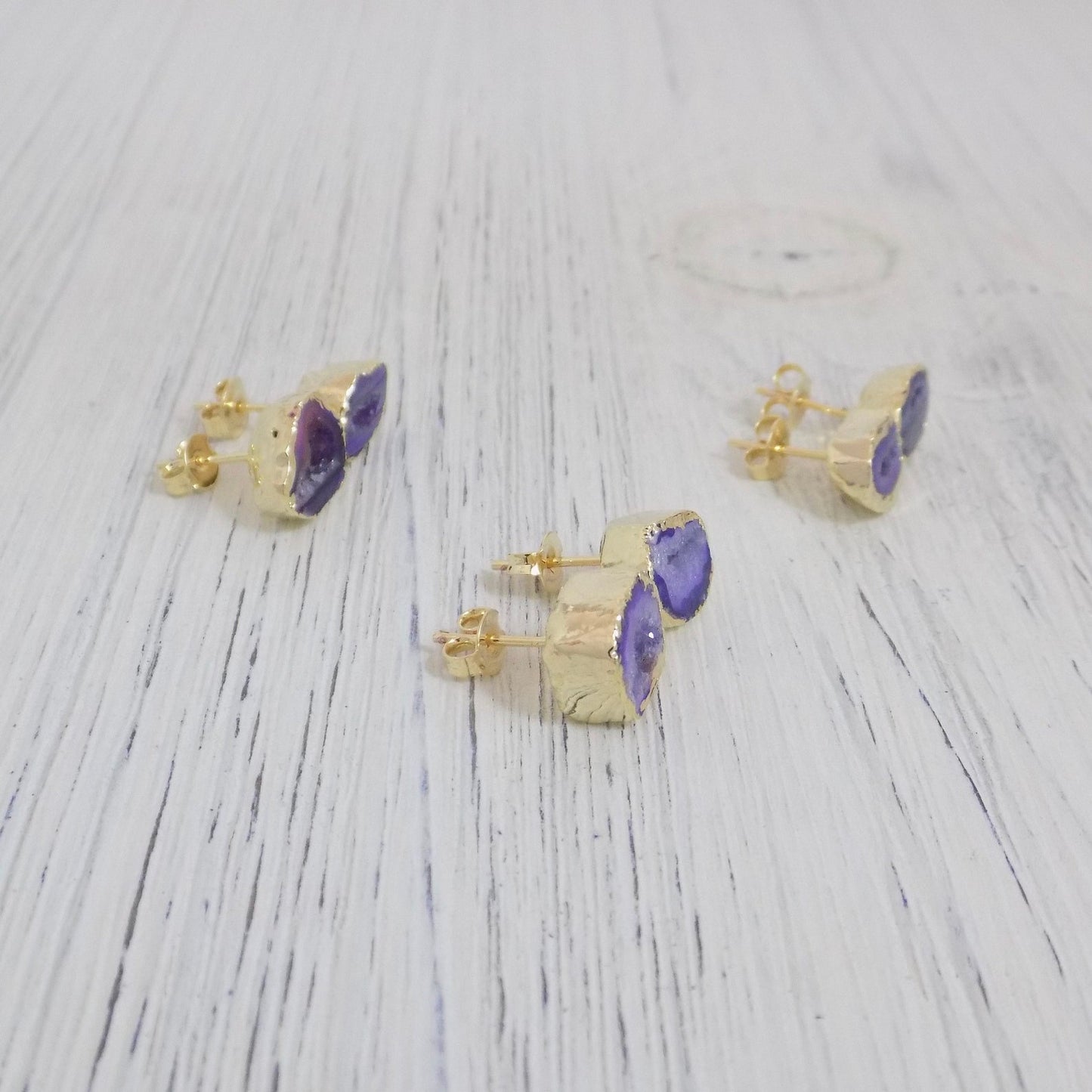 Christmas Gifts For Her - Purple Geode Earrings Studs Gold