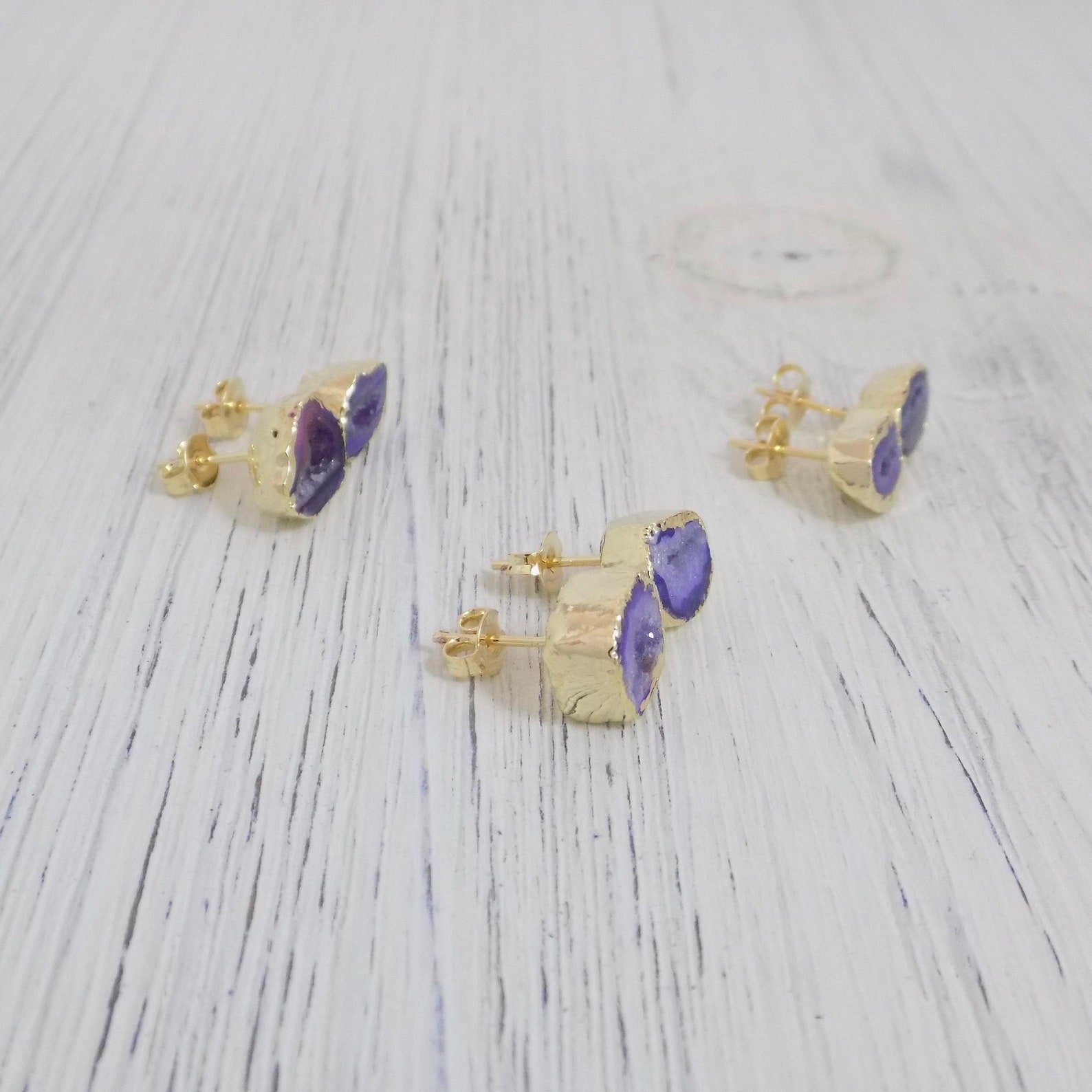 Christmas Gifts For Her - Purple Geode Earrings Studs Gold