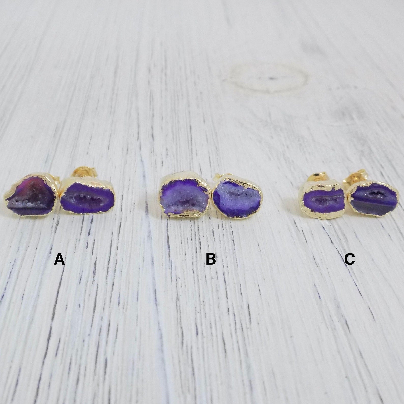 Christmas Gifts For Her - Purple Geode Earrings Studs Gold