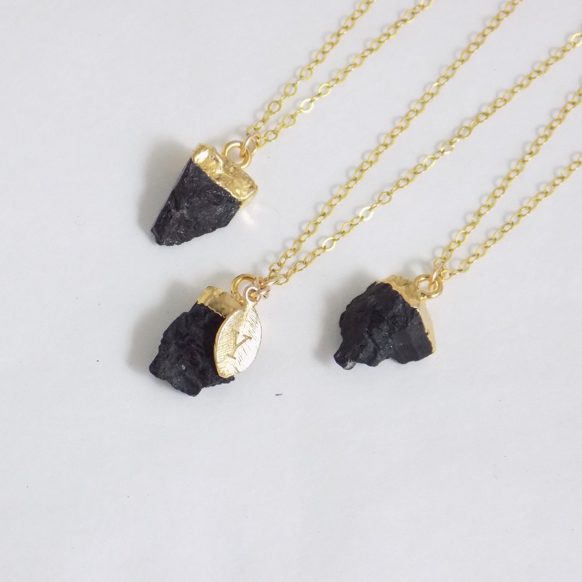 Small Black Tourmaline Necklace Gold, Personalized Raw Tourmaline Pendant, Christmas Gift Women, M4-400