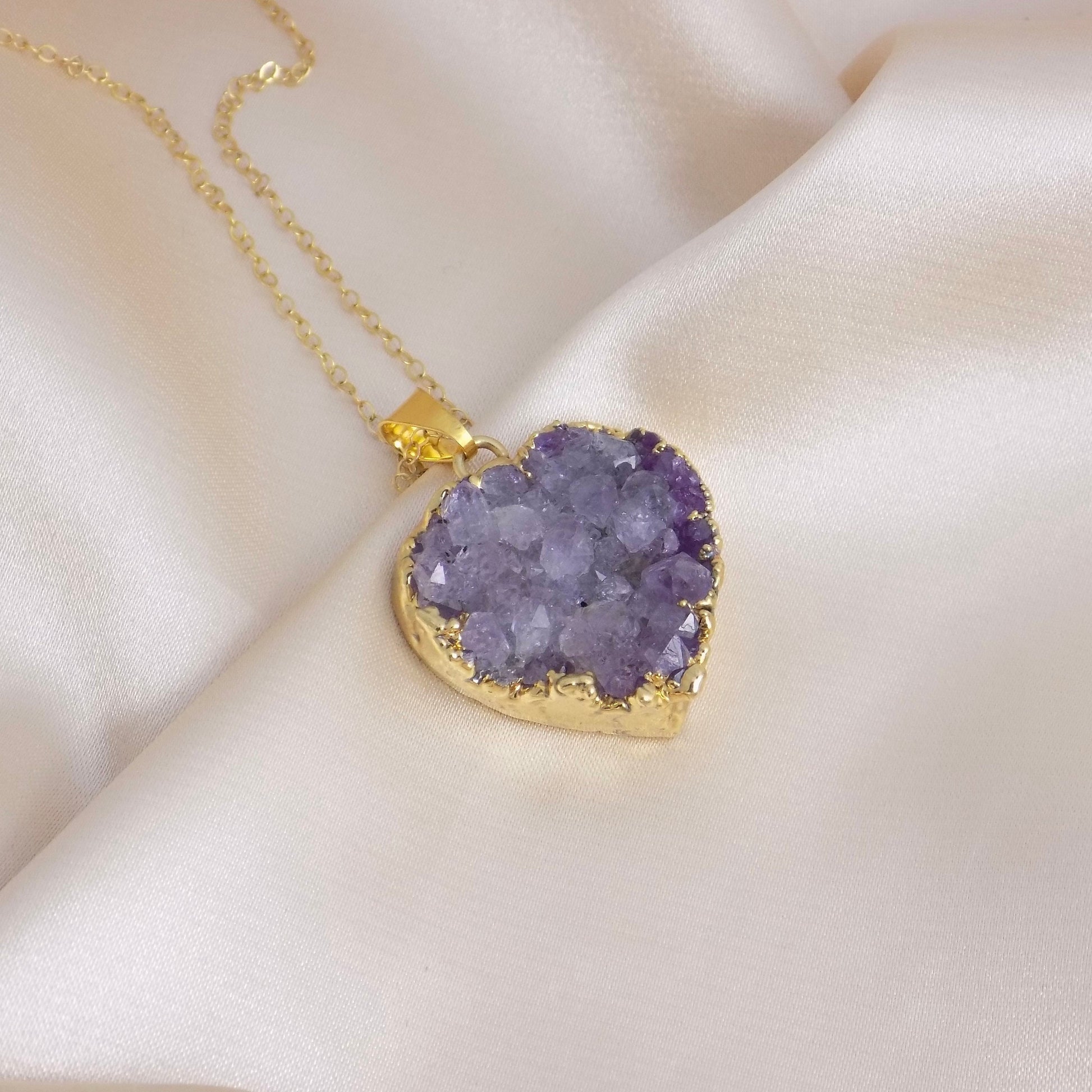 Mom Gift, Amethyst Heart Necklace Gold, Purple Druzy Pendant, Gifts For Grandma, Gift For Sister, M6-82