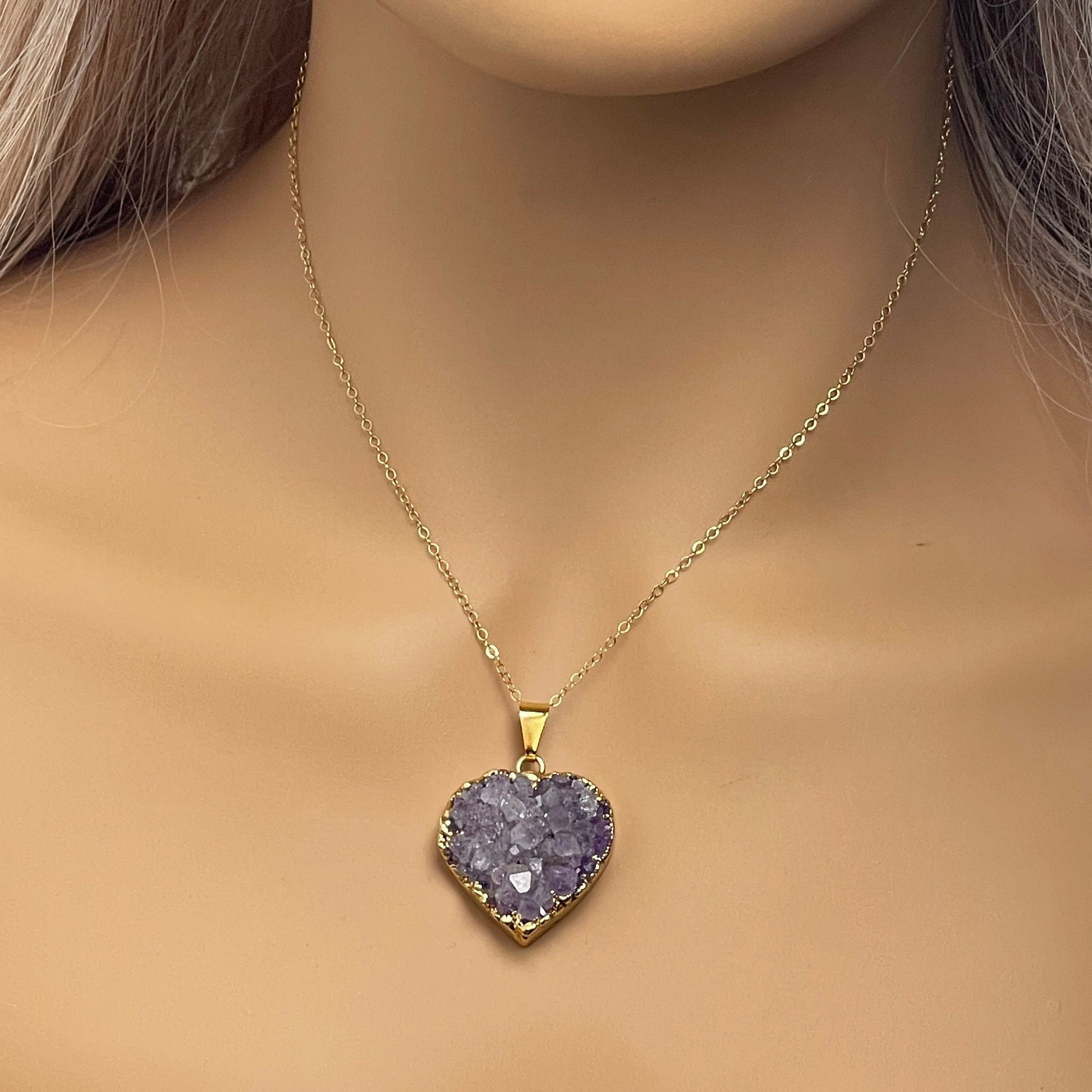 Mom Gift, Amethyst Heart Necklace Gold, Purple Druzy Pendant, Gifts For Grandma, Gift For Sister, M6-82