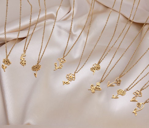 Custom Birthday Gift, Birth Flower Necklace Gold, Birth Flower Charm Necklace, Trendy Layers, Gift For Best Friend, M6-129